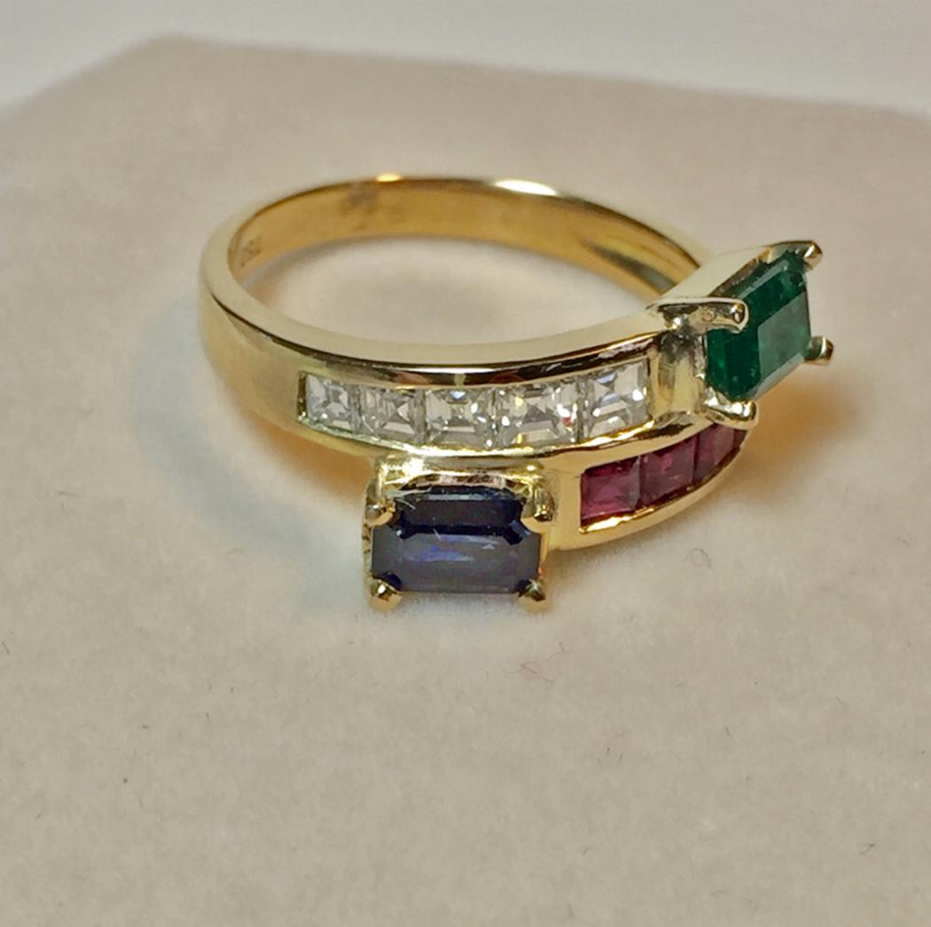 Retro Twin 3.0 Carat Vintage Diamond, Ruby Emerald & Sapphire Bypass Ring 18K
Primary Stone: Natural  Diamond, Ruby, Sapphire & Emerald
Shape or Cut: Emerald Cut, Asher Cut
Total Weight: Approx. 3.0 Carats 
Average Color Gemstone: Best Color