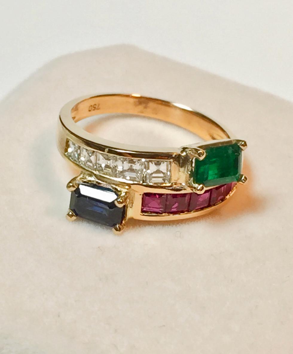 Contemporary Bypass 3.0 Carat  Diamond, Ruby Emerald and Sapphire Ring 18 Karat