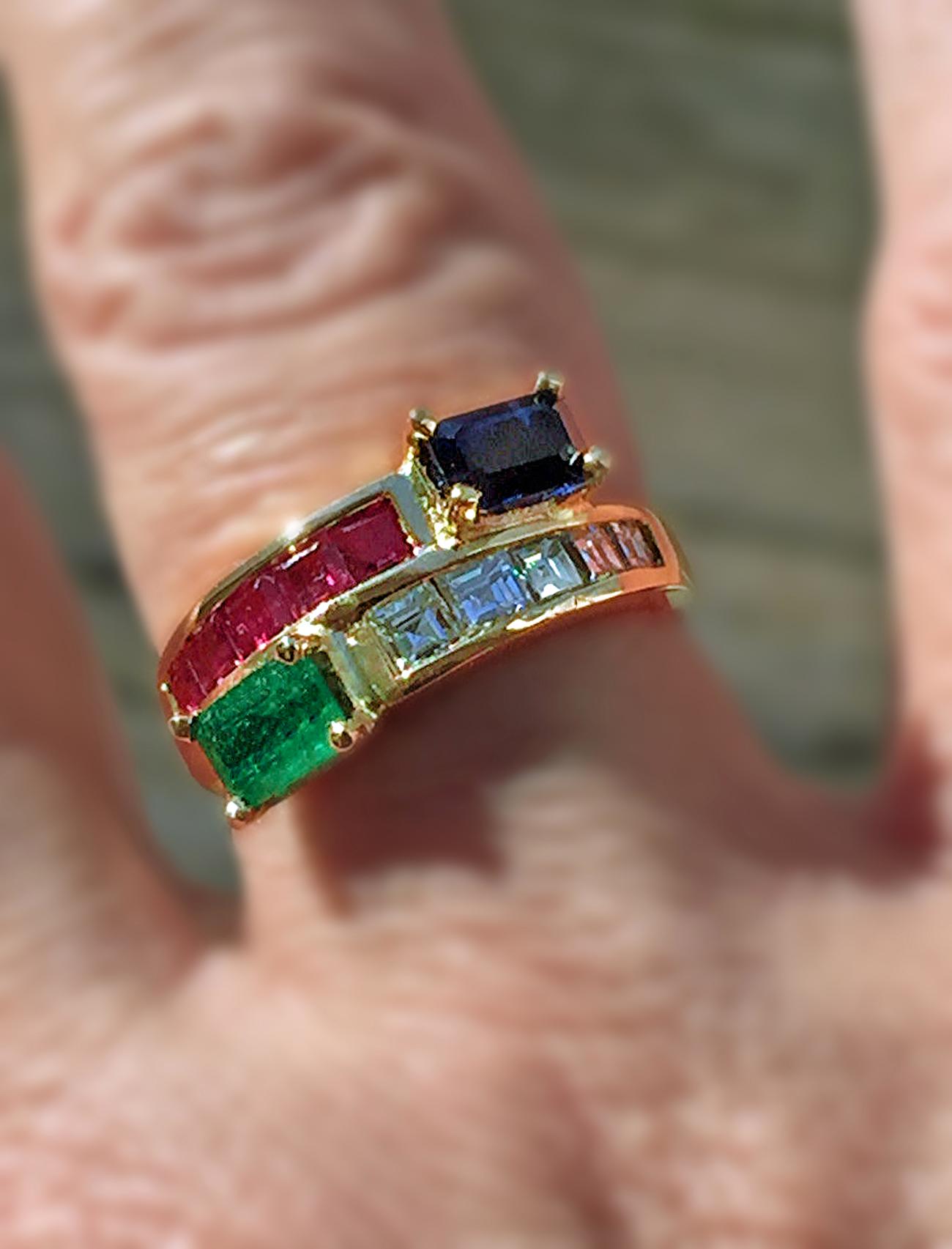 Asscher Cut Bypass 3.0 Carat  Diamond, Ruby Emerald and Sapphire Ring 18 Karat