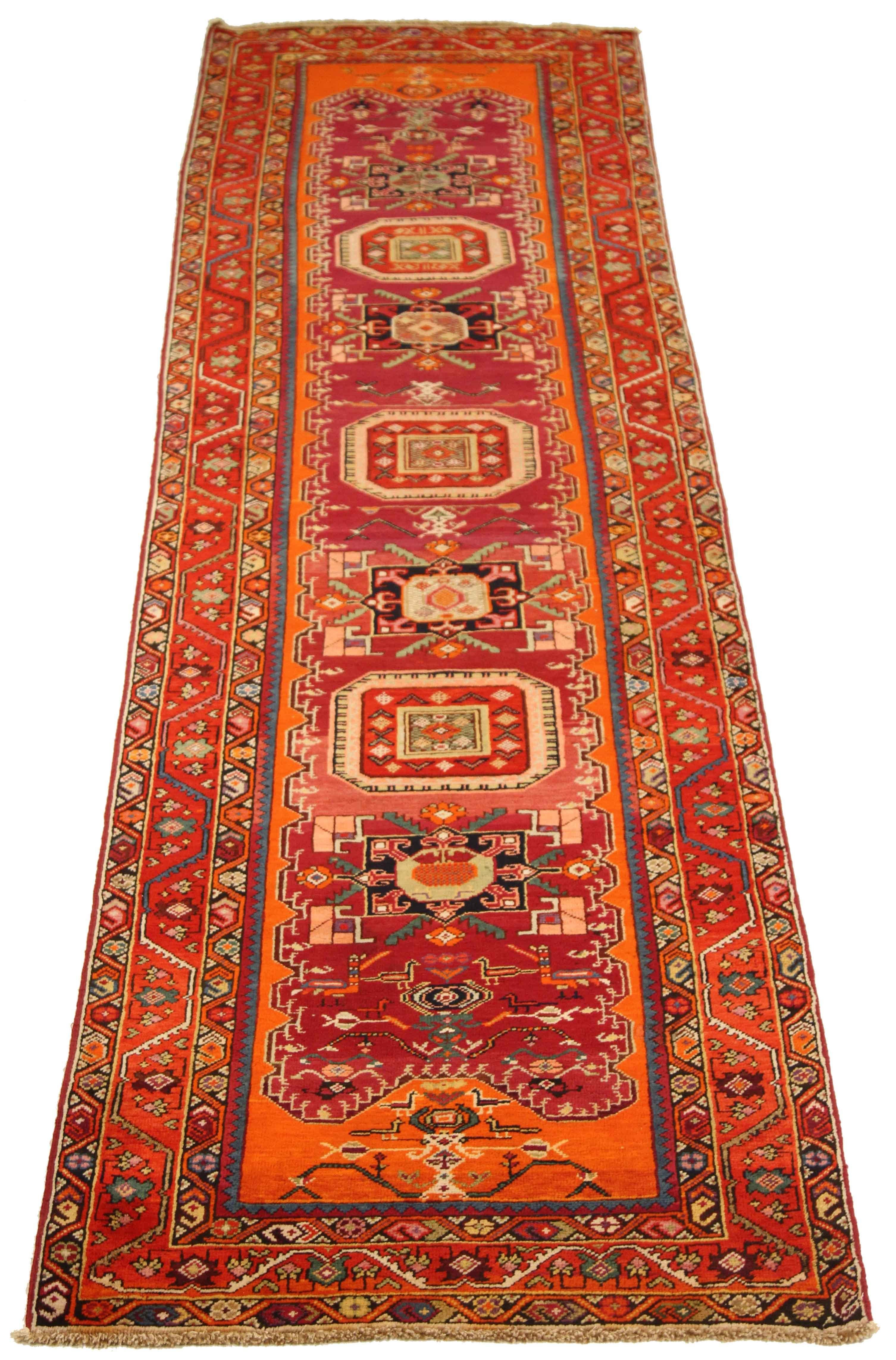 Hand-Knotted Twin Antique Persian Rug Karabagh Design with Gemstone Patterns, circa 1950s For Sale