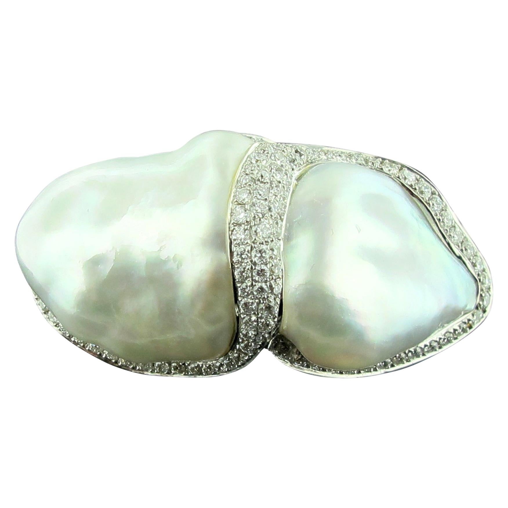 Twin Baroque Pearl Ring with Diamonds in 18 Karat White Gold For Sale