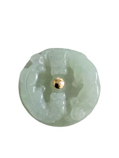 Twin Dragons Burmese A-Jadeite Brooch with 14K Yellow Gold and Silver 925 Back