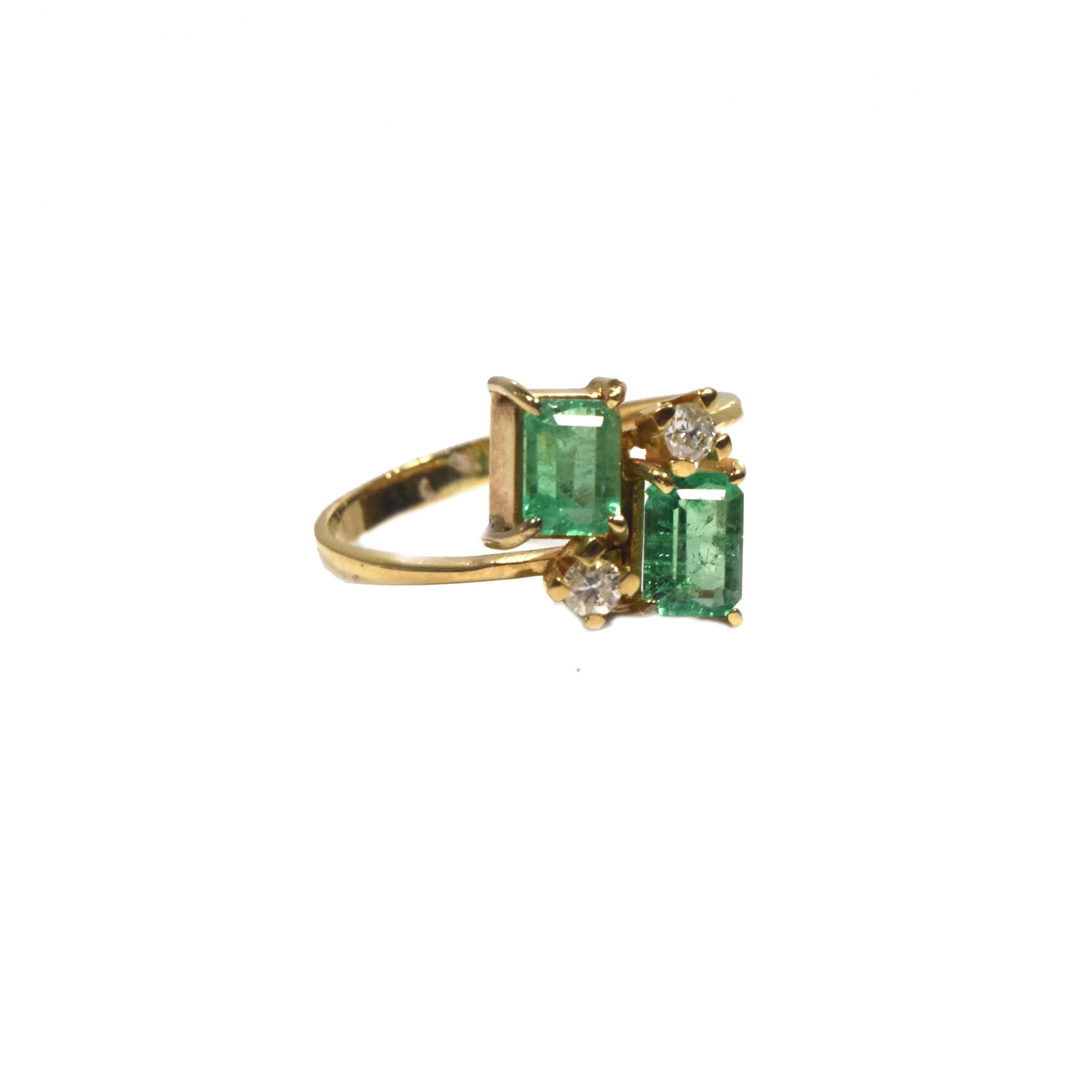 Modern Twin Emerald and Diamond 14k Yellow Gold Bypass Ring