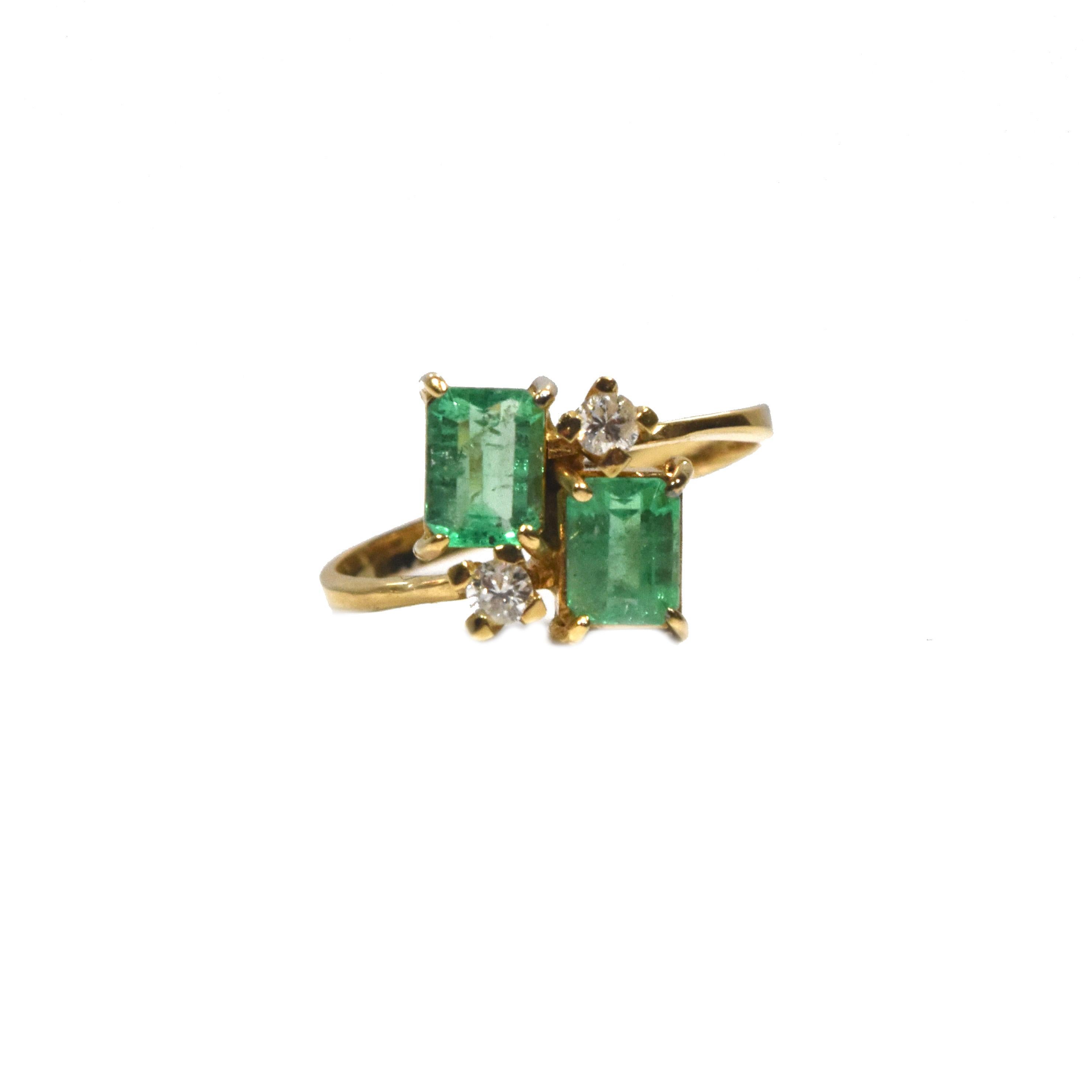 Emerald Cut Twin Emerald and Diamond 14k Yellow Gold Bypass Ring