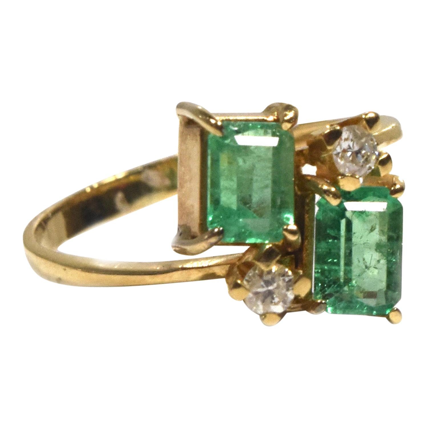 Twin Emerald and Diamond 14k Yellow Gold Bypass Ring