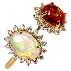 Twin Flame Ring – Australian Opal & Fire Opal Diamond Halo in 18K Yellow Gold