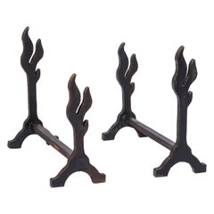 Twin "Flammes" Solid Cast Iron Andirons - France 1970's