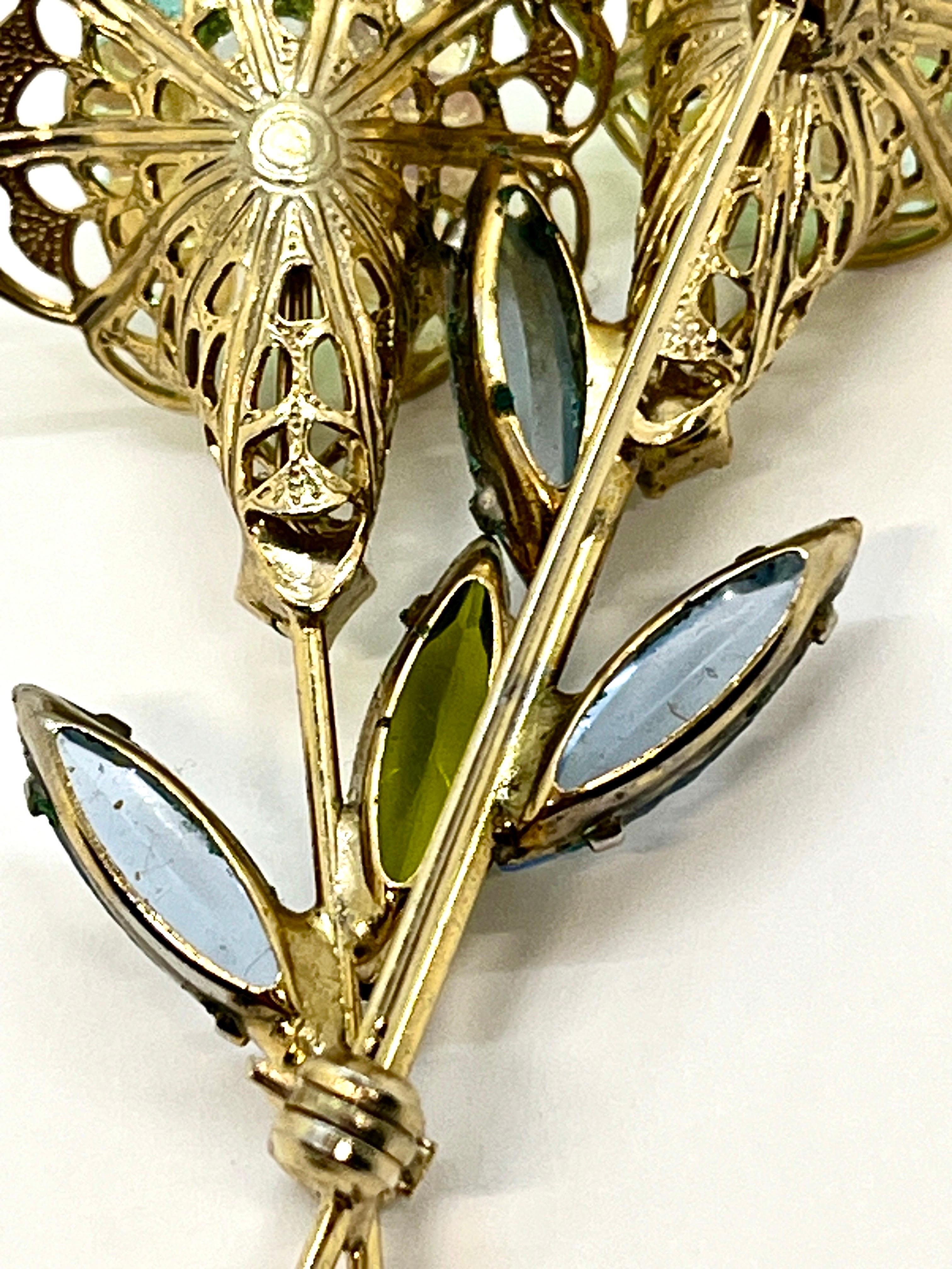 Twin Flower Aqua Margarita Crystals, Elongated Navette Rhinestone Leaf Brooch For Sale 6