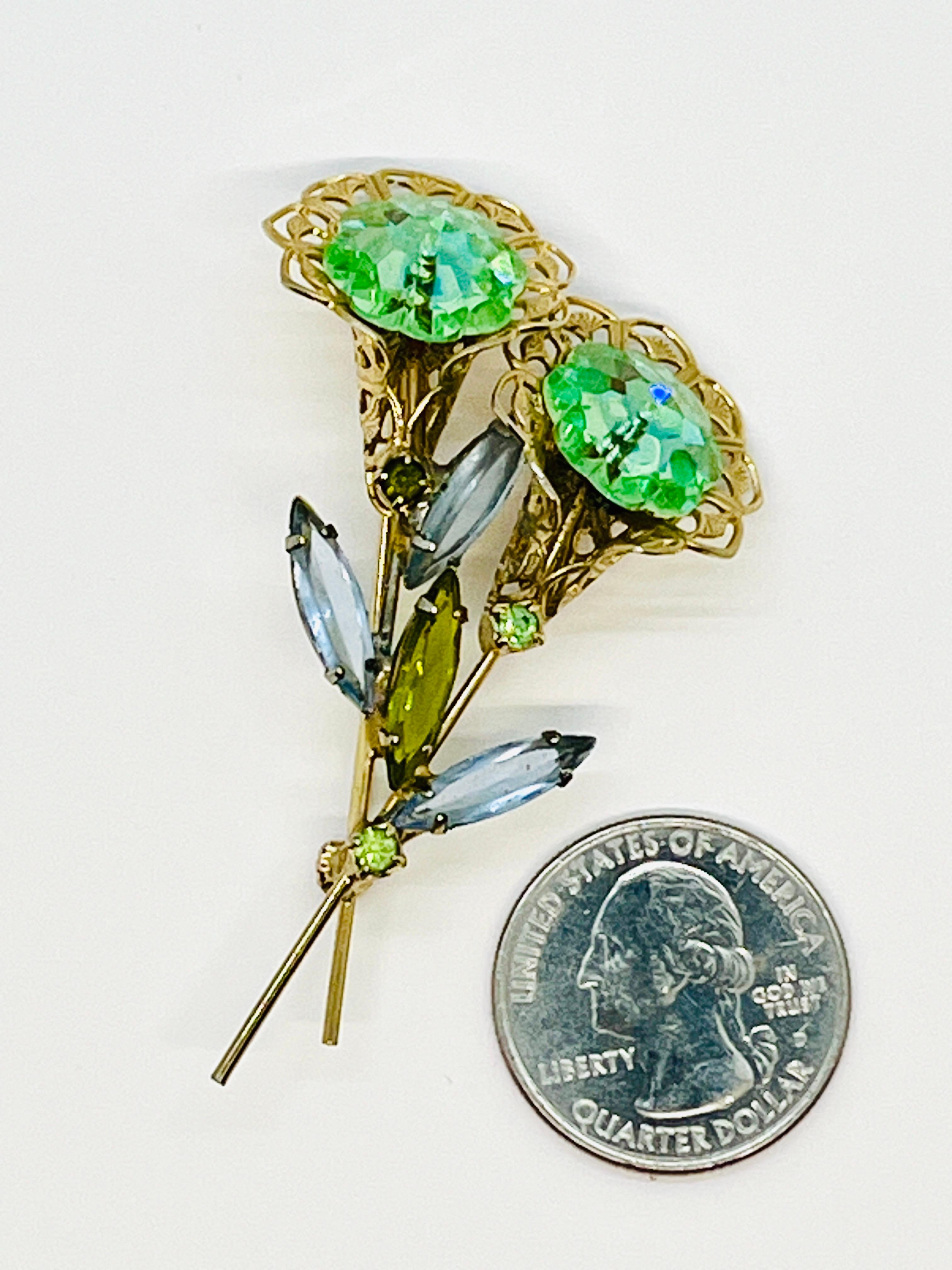 Twin Flower Aqua Margarita Crystals, Elongated Navette Rhinestone Leaf Brooch For Sale 7