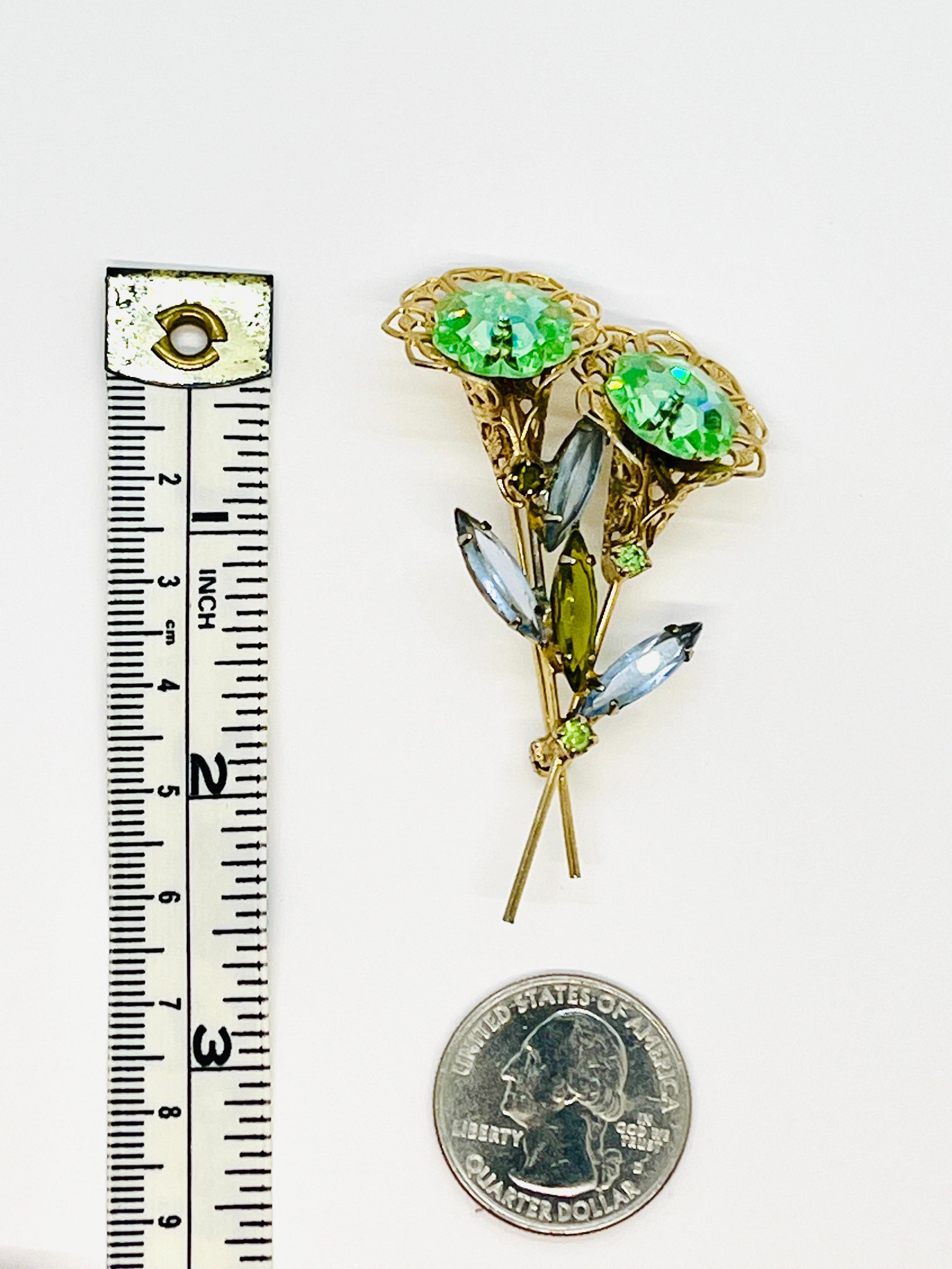 Women's Twin Flower Aqua Margarita Crystals, Elongated Navette Rhinestone Leaf Brooch For Sale