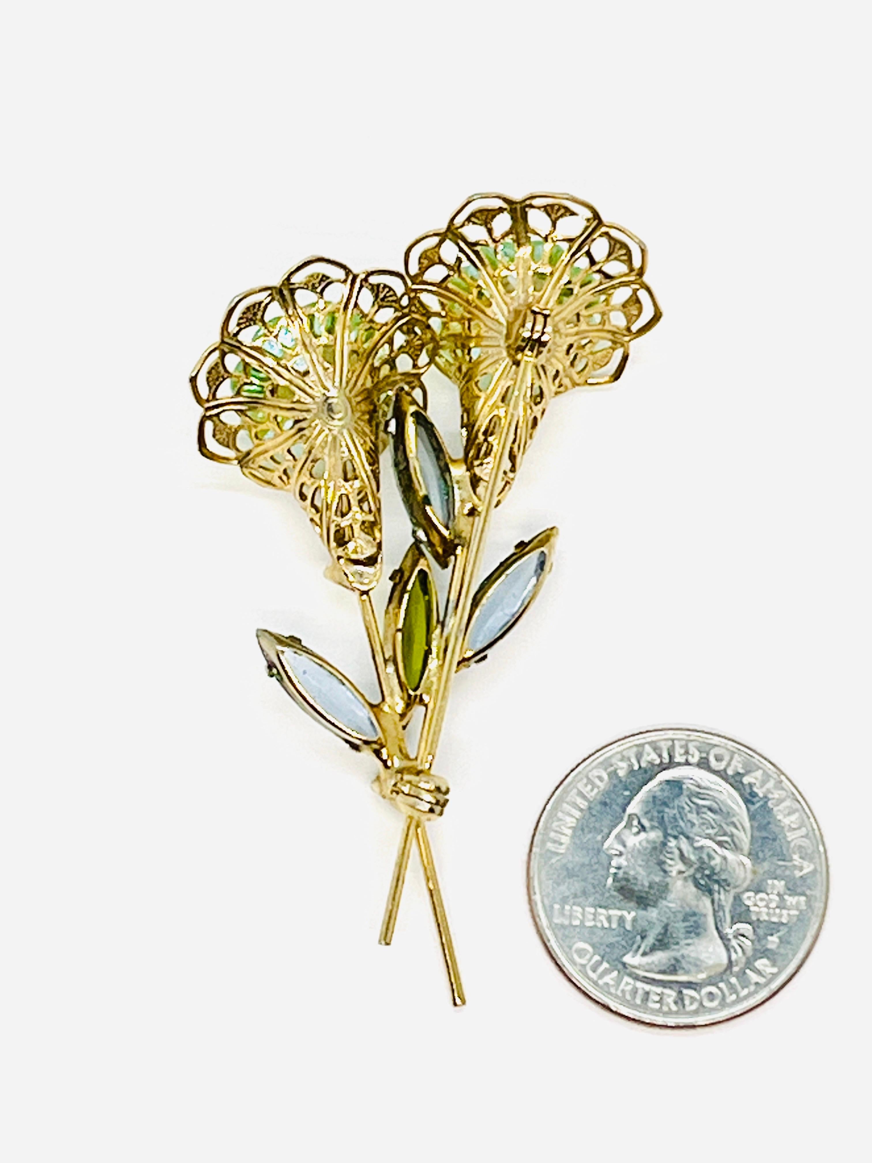 Twin Flower Aqua Margarita Crystals, Elongated Navette Rhinestone Leaf Brooch For Sale 1