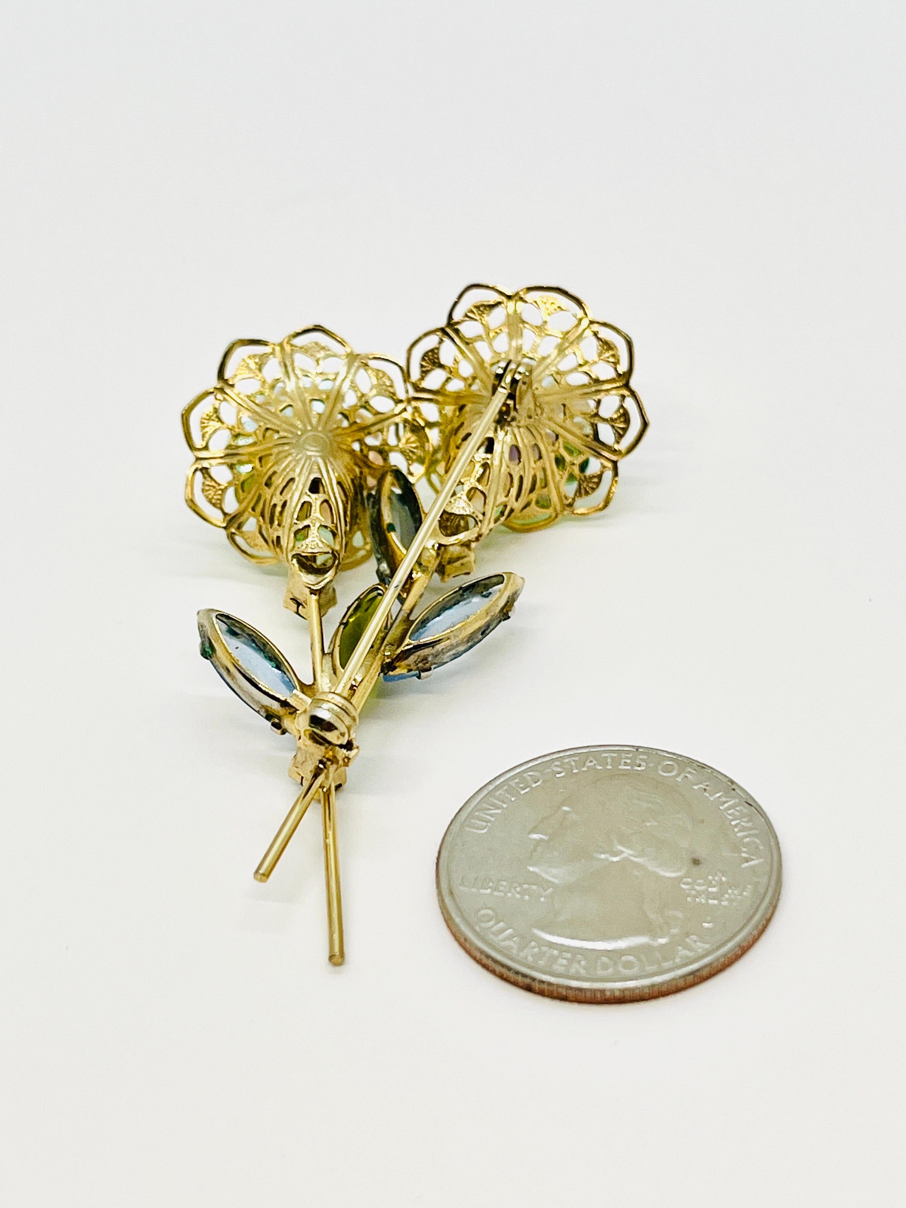 Twin Flower Aqua Margarita Crystals, Elongated Navette Rhinestone Leaf Brooch For Sale 2