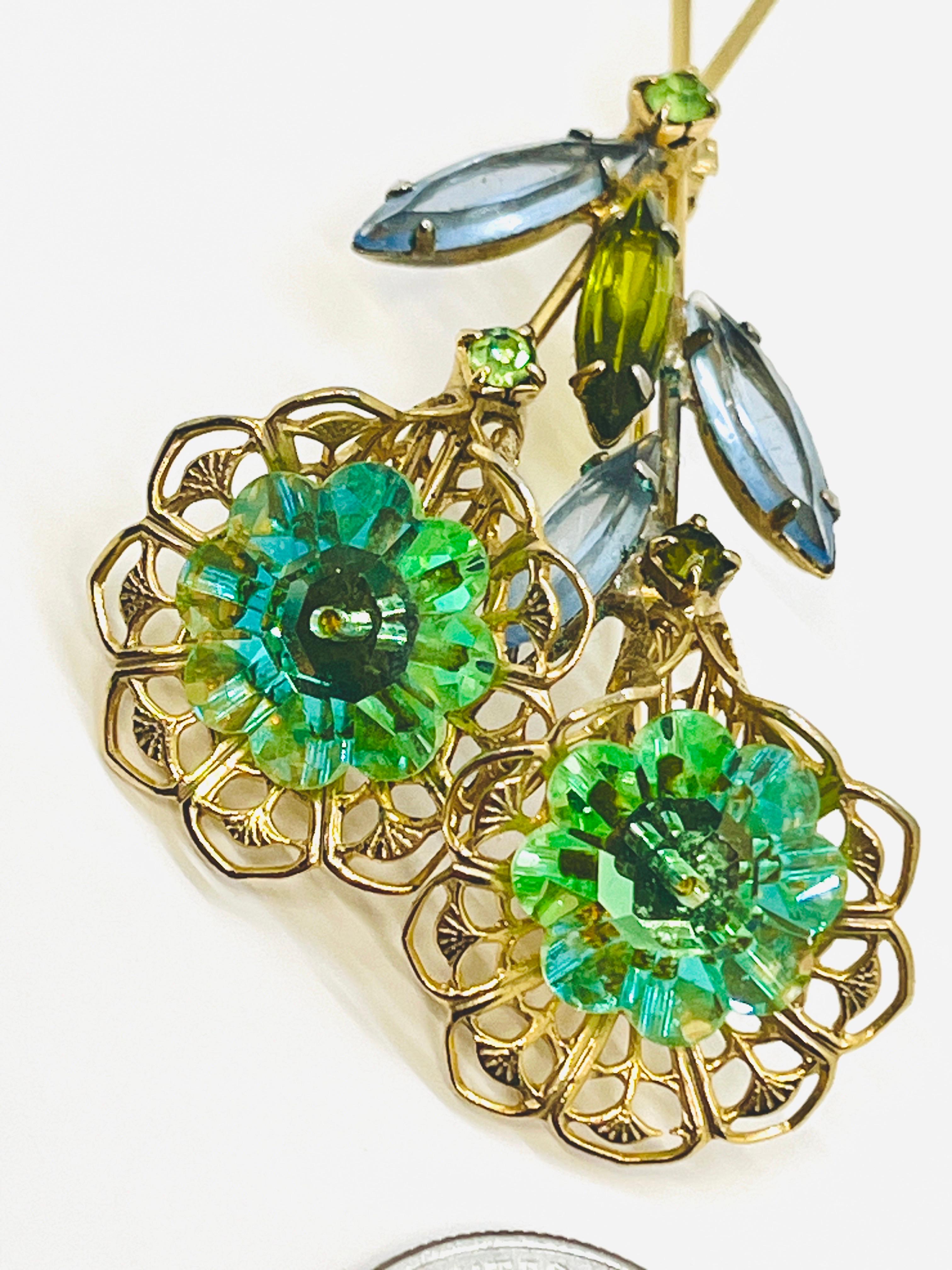 Twin Flower Aqua Margarita Crystals, Elongated Navette Rhinestone Leaf Brooch For Sale 3