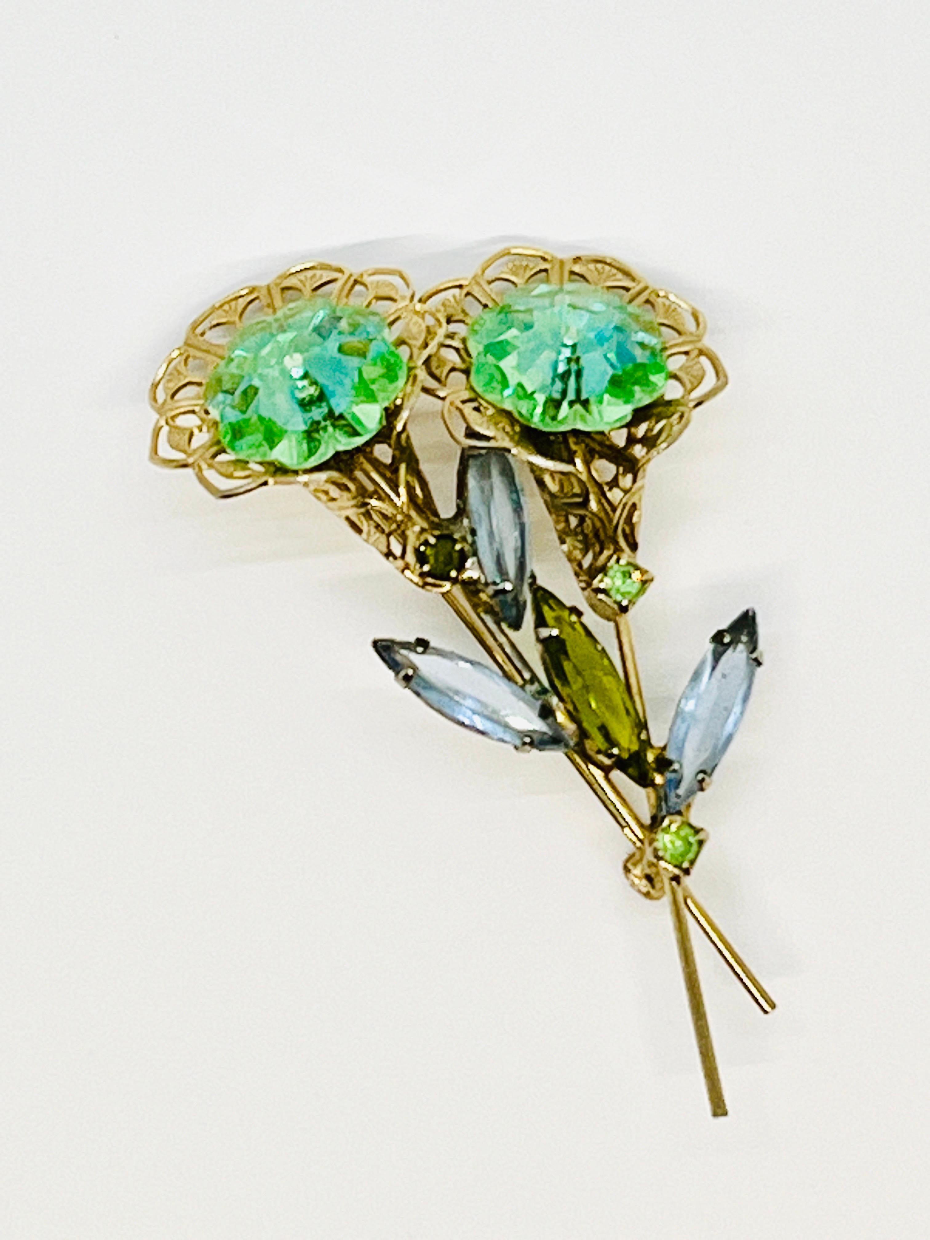 Twin Flower Aqua Margarita Crystals, Elongated Navette Rhinestone Leaf Brooch For Sale 4
