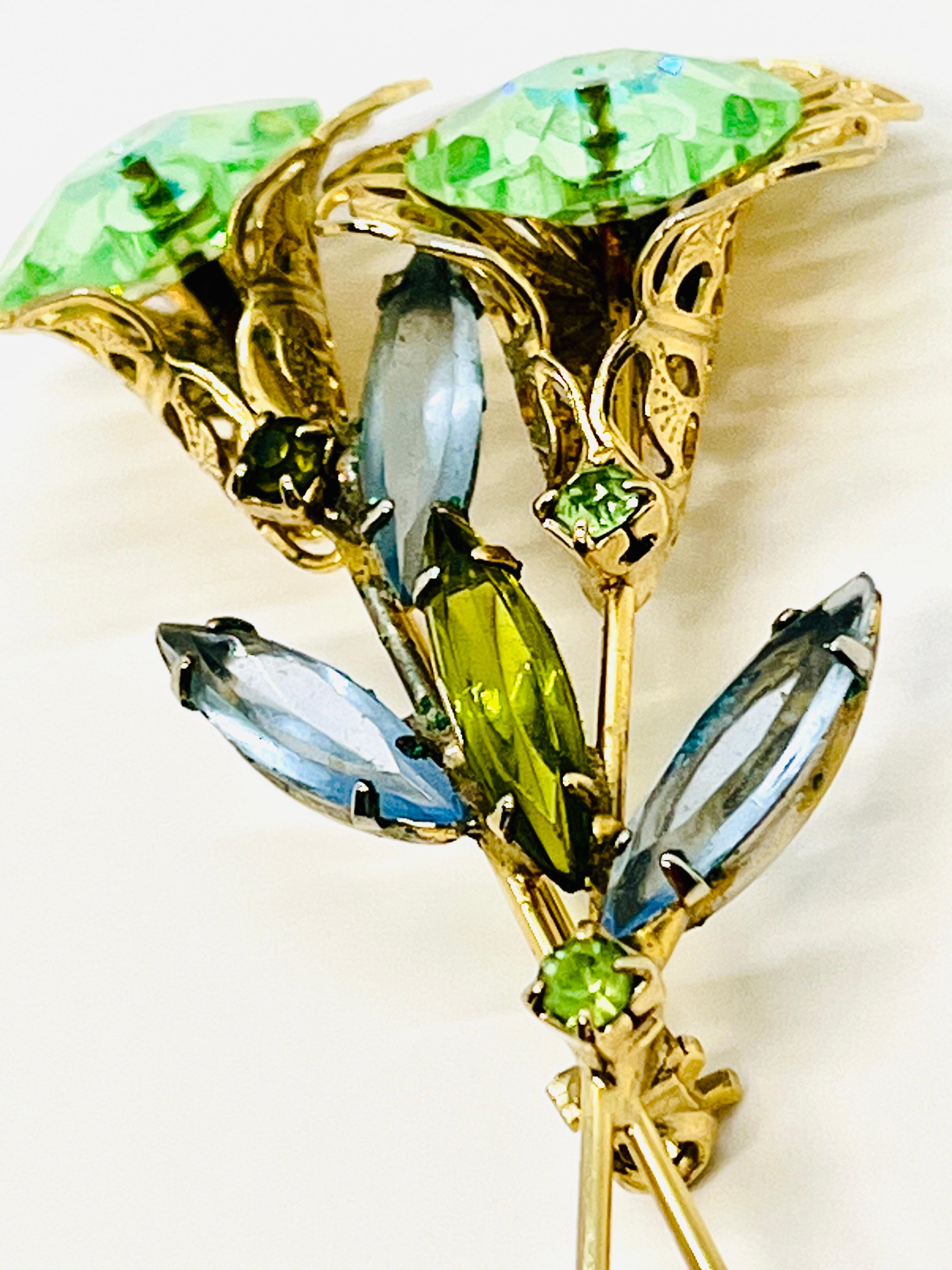 Twin Flower Aqua Margarita Crystals, Elongated Navette Rhinestone Leaf Brooch For Sale 5
