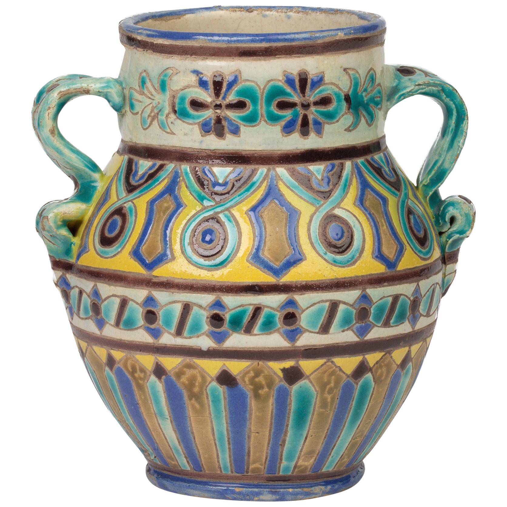 Twin Handled Mediterranean Attributed Art Pottery Vase
