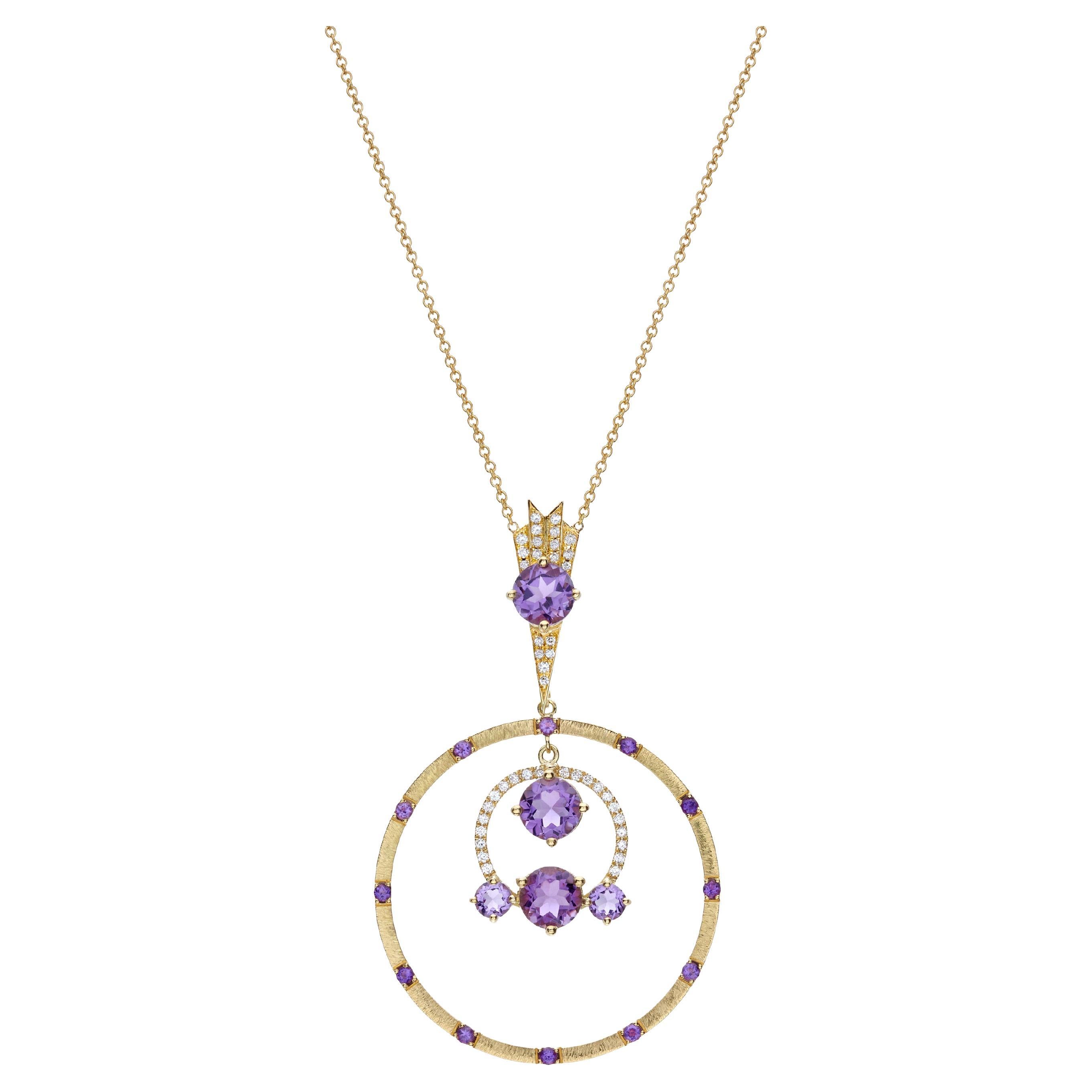 Twin Hearts Aura Pendant Necklace in 18Kt Yellow Gold with Amethyst and Diamonds For Sale