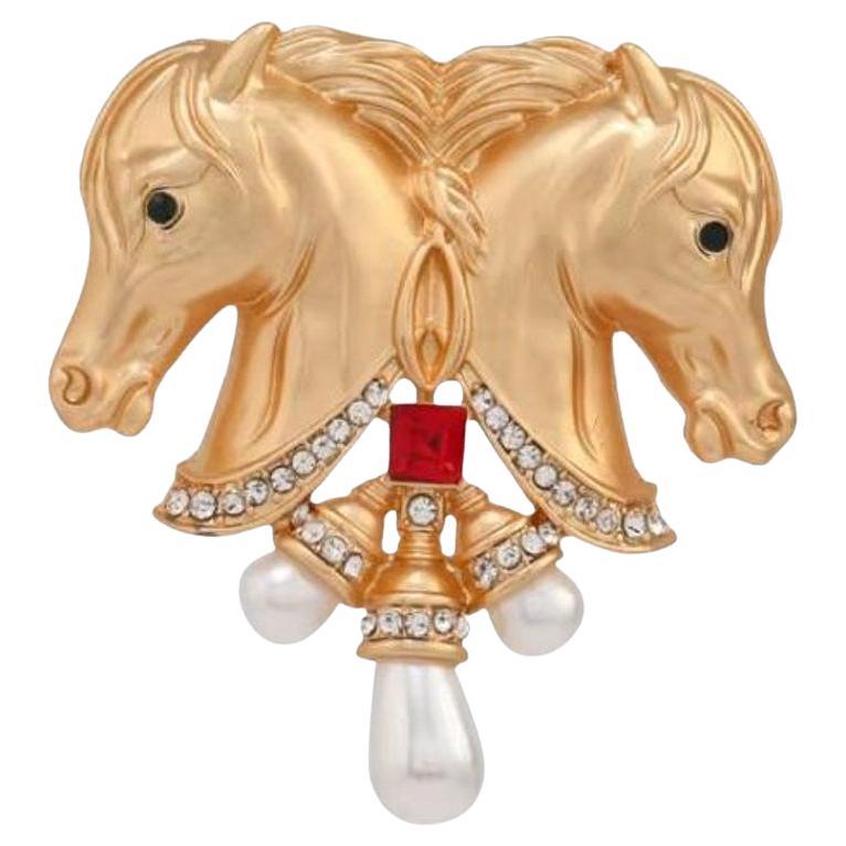 Twin Horse Golden Crystal und Perle Vintage Brosche Pin