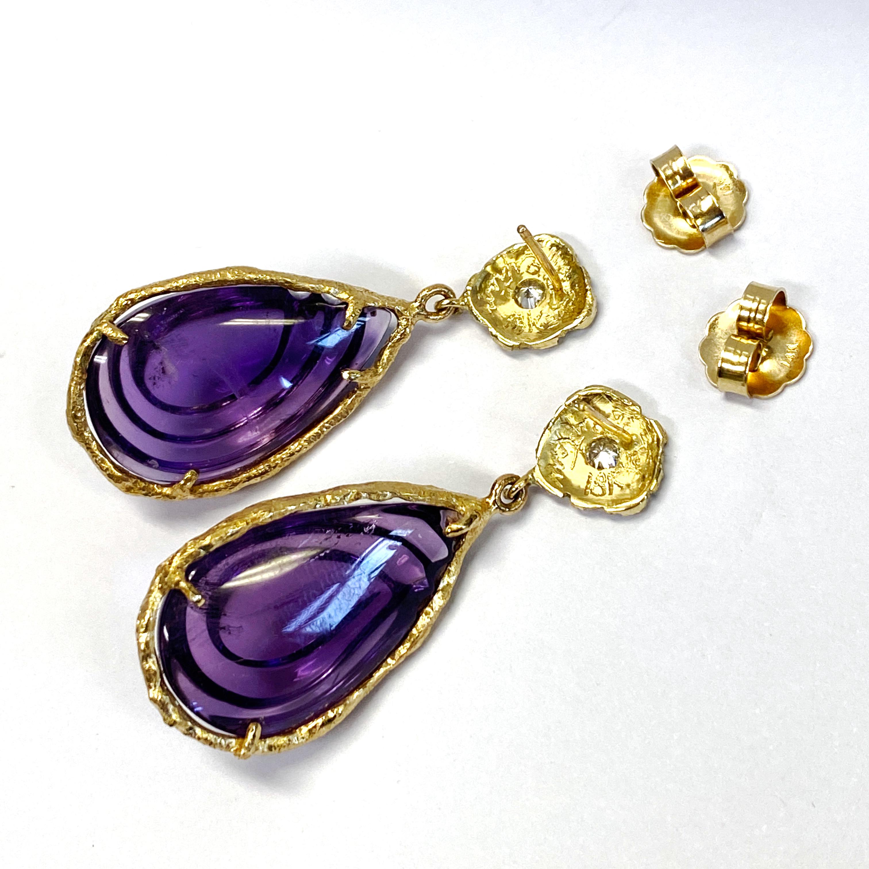 Carved Amethyst Teardrop Earrings in 18 Karat Gold with Diamond Accents For Sale 3