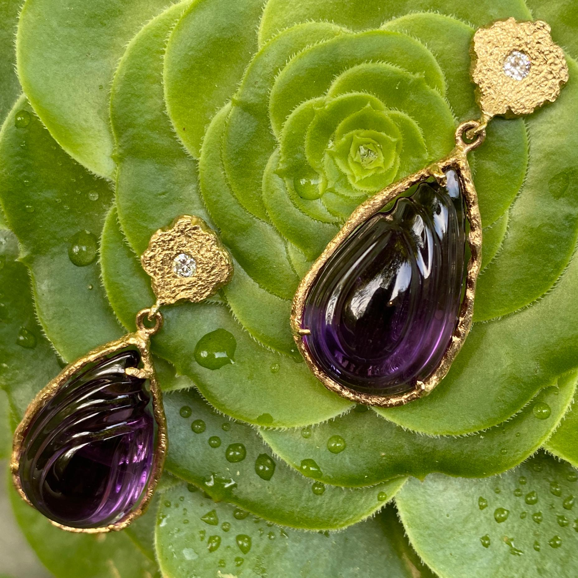 Cabochon Carved Amethyst Teardrop Earrings in 18 Karat Gold with Diamond Accents For Sale