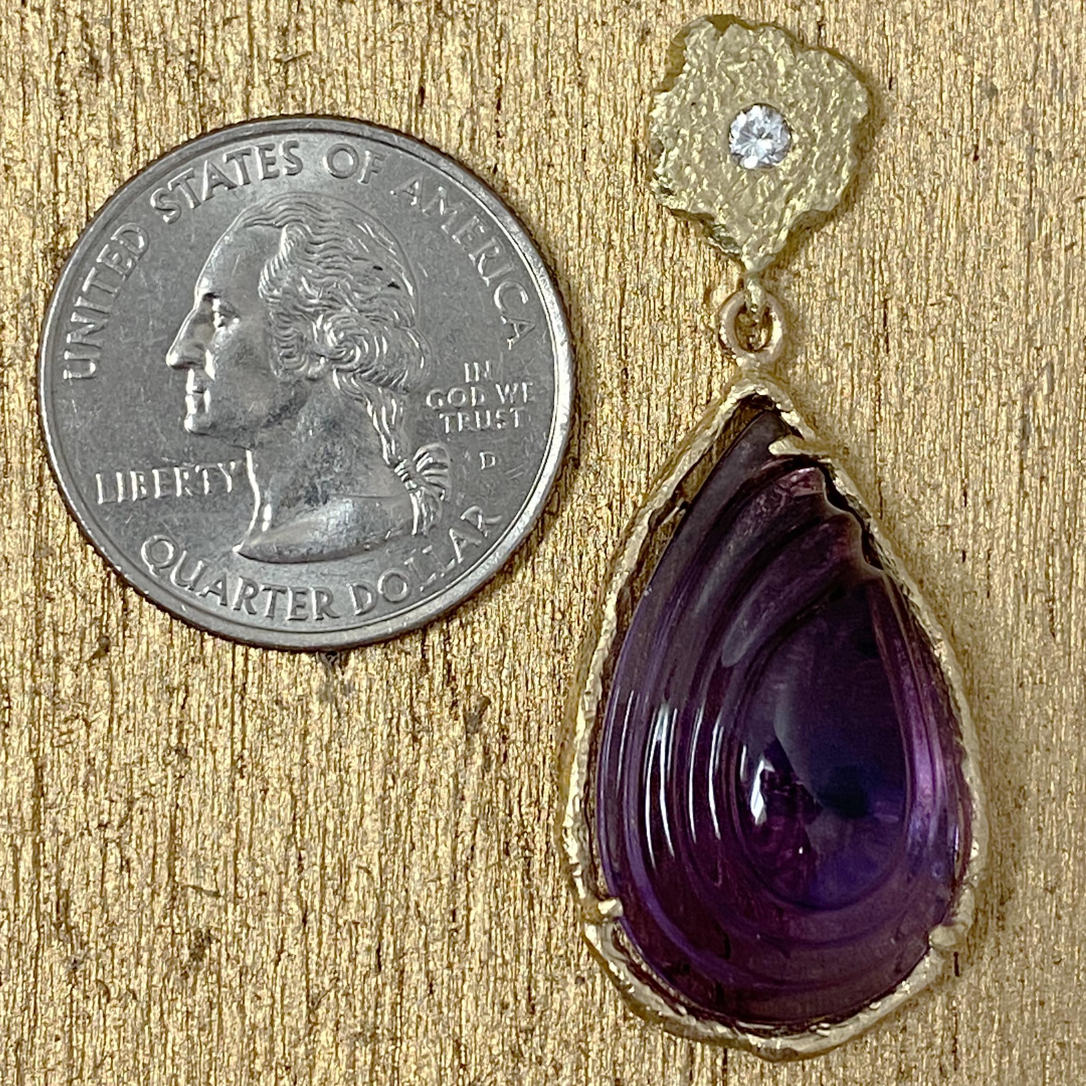 Carved Amethyst Teardrop Earrings in 18 Karat Gold with Diamond Accents For Sale 2