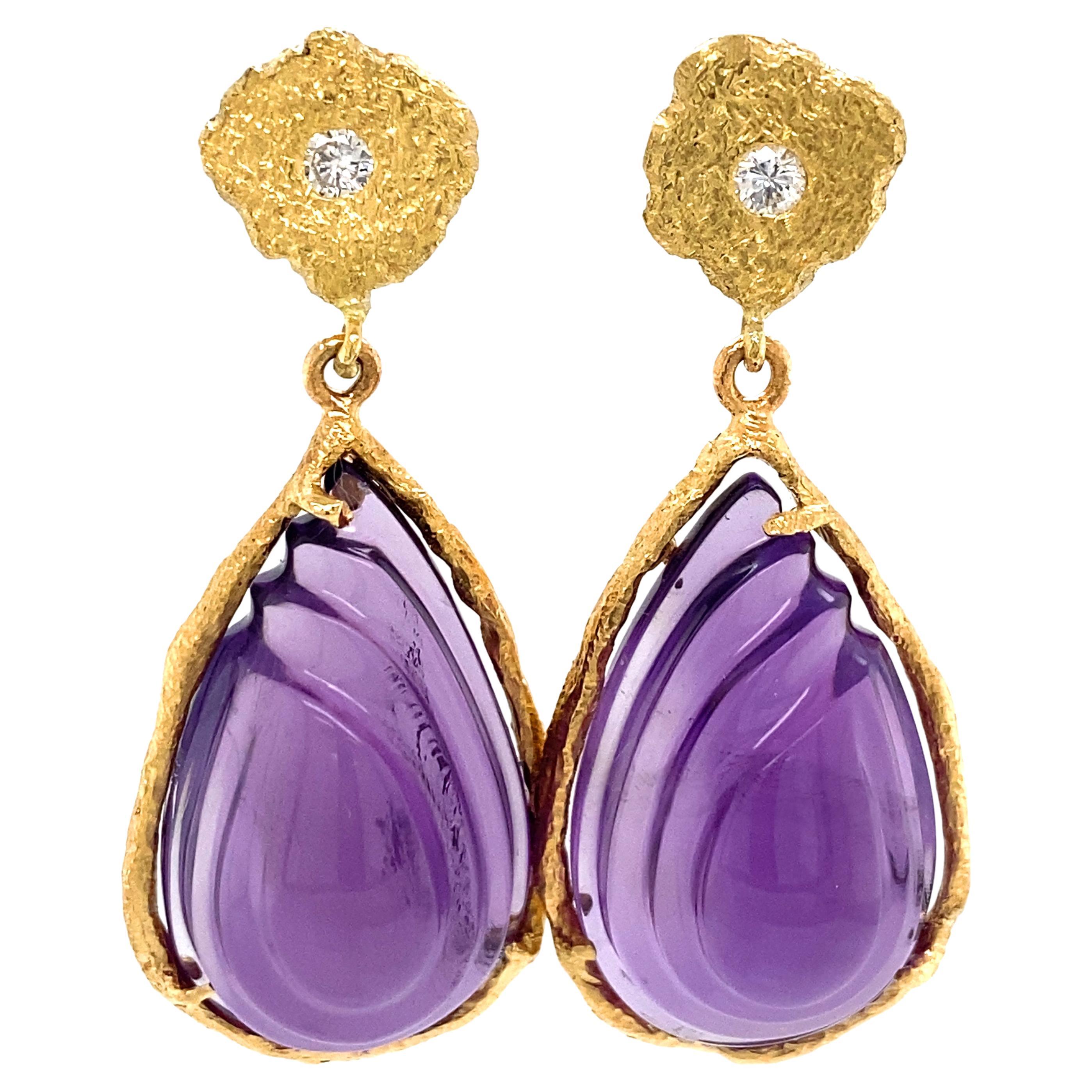 Carved Amethyst Teardrop Earrings in 18 Karat Gold with Diamond Accents For Sale