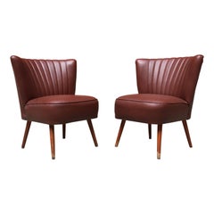 Vintage Twin Italian Small Dark Burgundy Leatherette and Beech Armchairs, 1960s