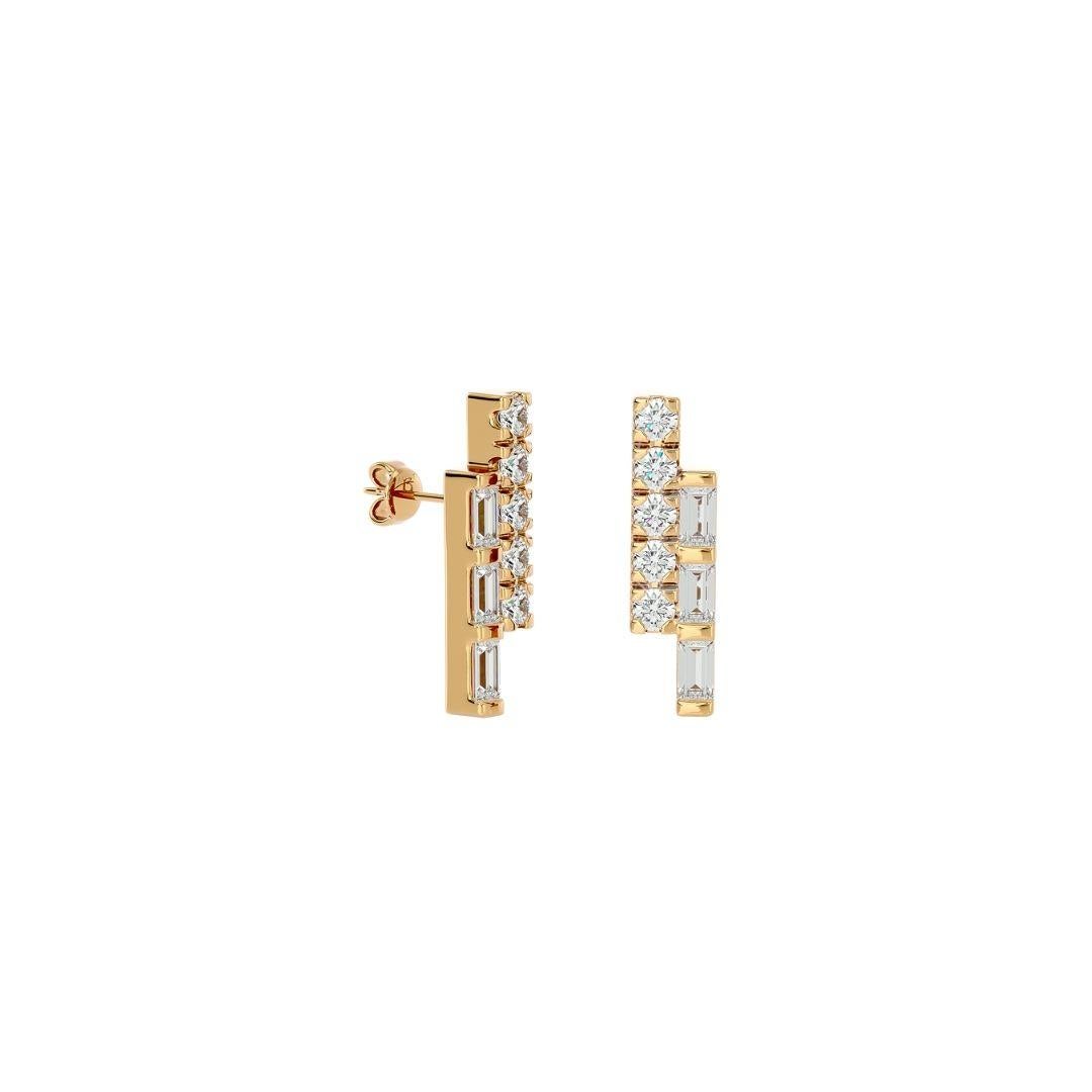 Baguette Cut Twin Line Round & Baguette Diamond Earrings in 18 Karat Gold For Sale