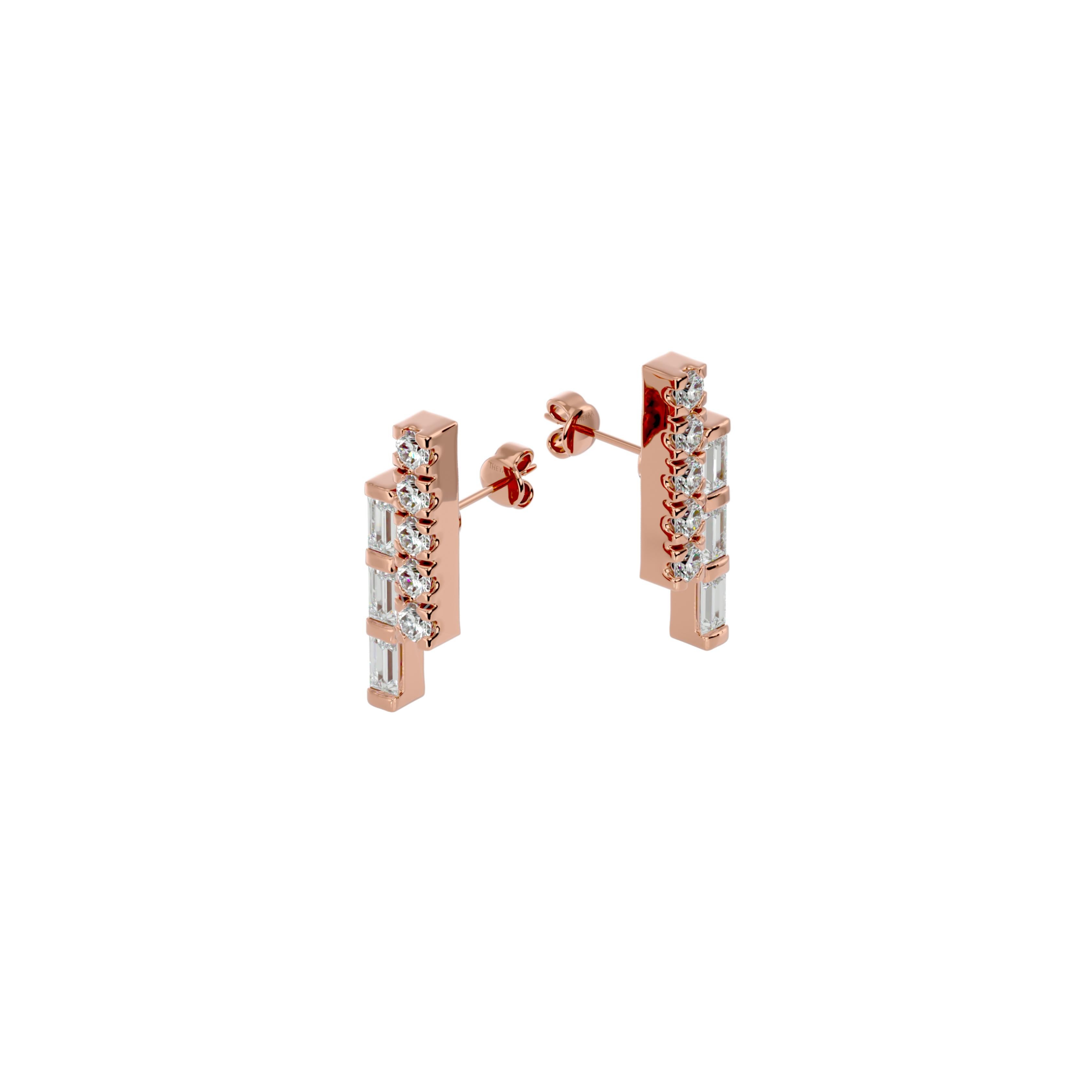 Baguette Cut Twin Line Round & Baguette Diamond Earrings in 18 Karat Gold For Sale