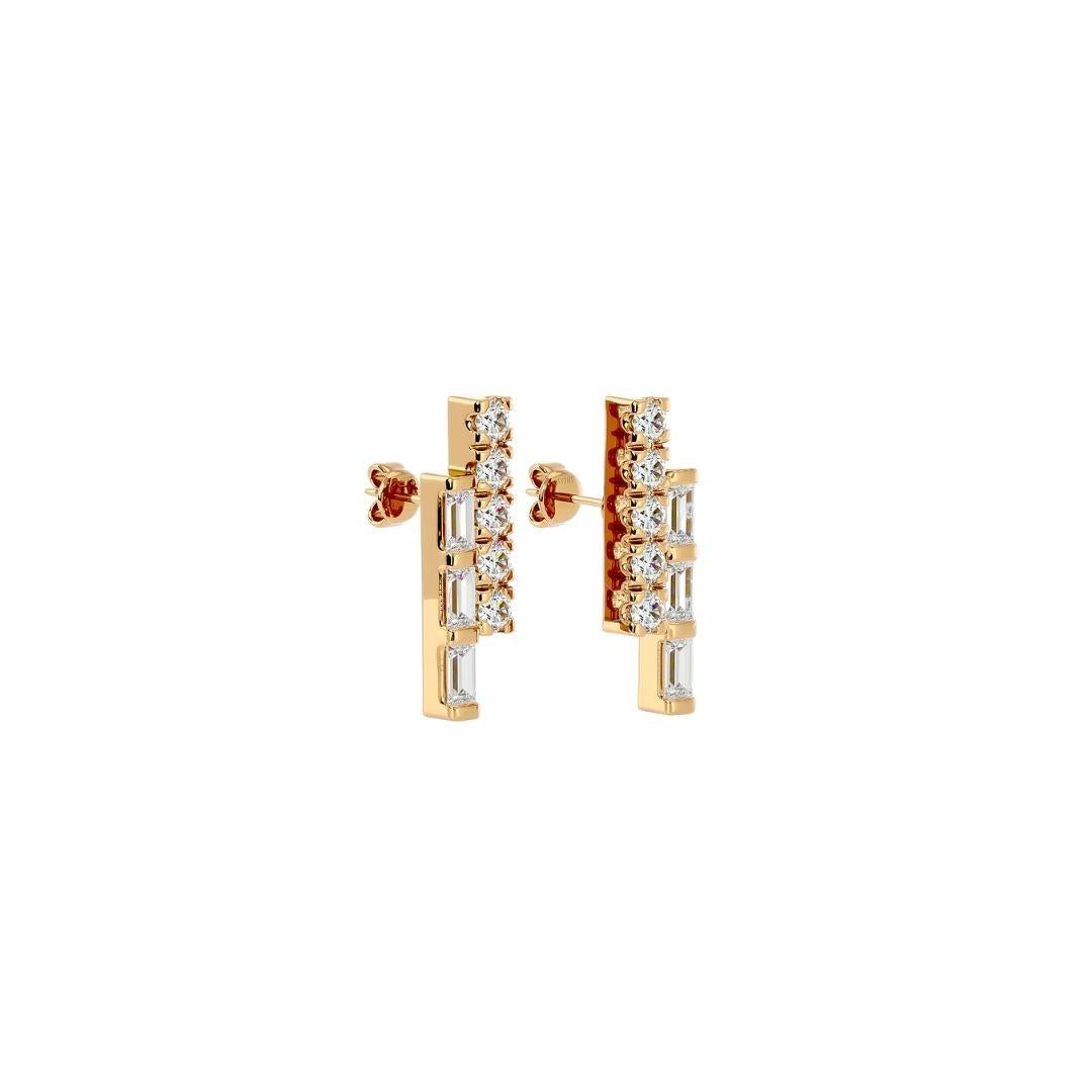 Women's or Men's Twin Line Round & Baguette Diamond Earrings in 18 Karat Gold For Sale