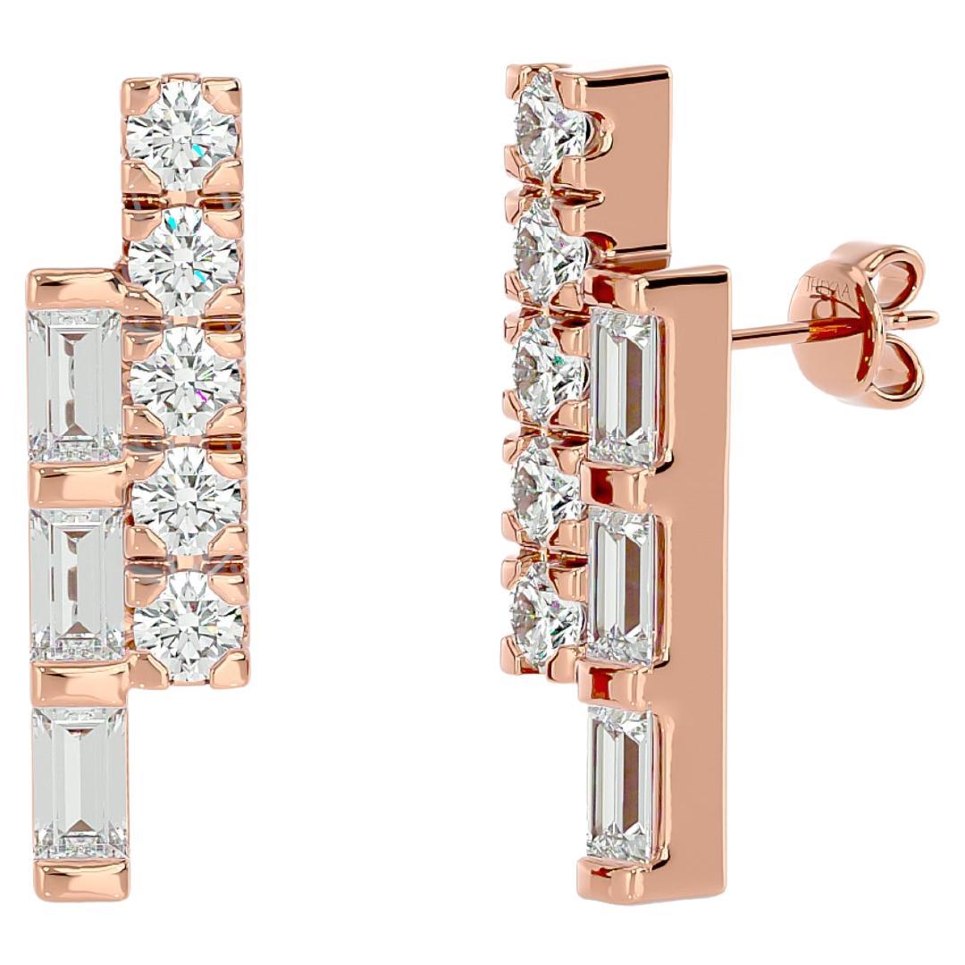 Twin Line Round & Baguette Diamond Earrings in 18 Karat Gold For Sale