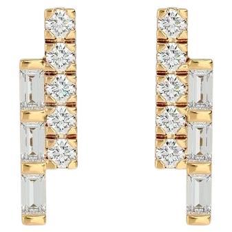 Twin Line Round & Baguette Diamond Earrings in 18 Karat Gold For Sale