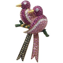 Twin Lovebirds Diamonds Pink Sapphires Rubies Tsavorites 18 Karat Gold Brooch