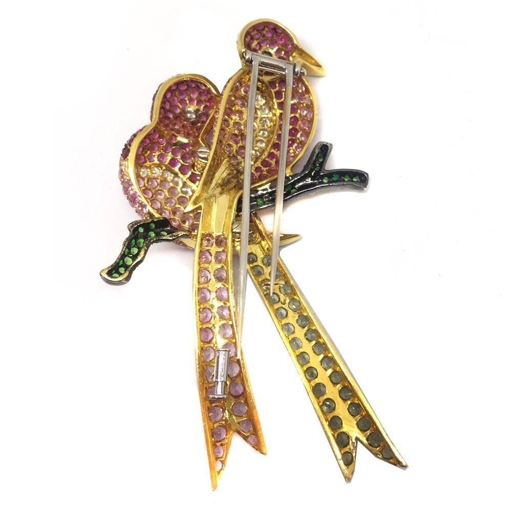 Finest Quality Twin Lovebirds Sitting on a Branch Diamonds Pink Sapphires Rubies Tsavorites 18kt Gold
3''x2''