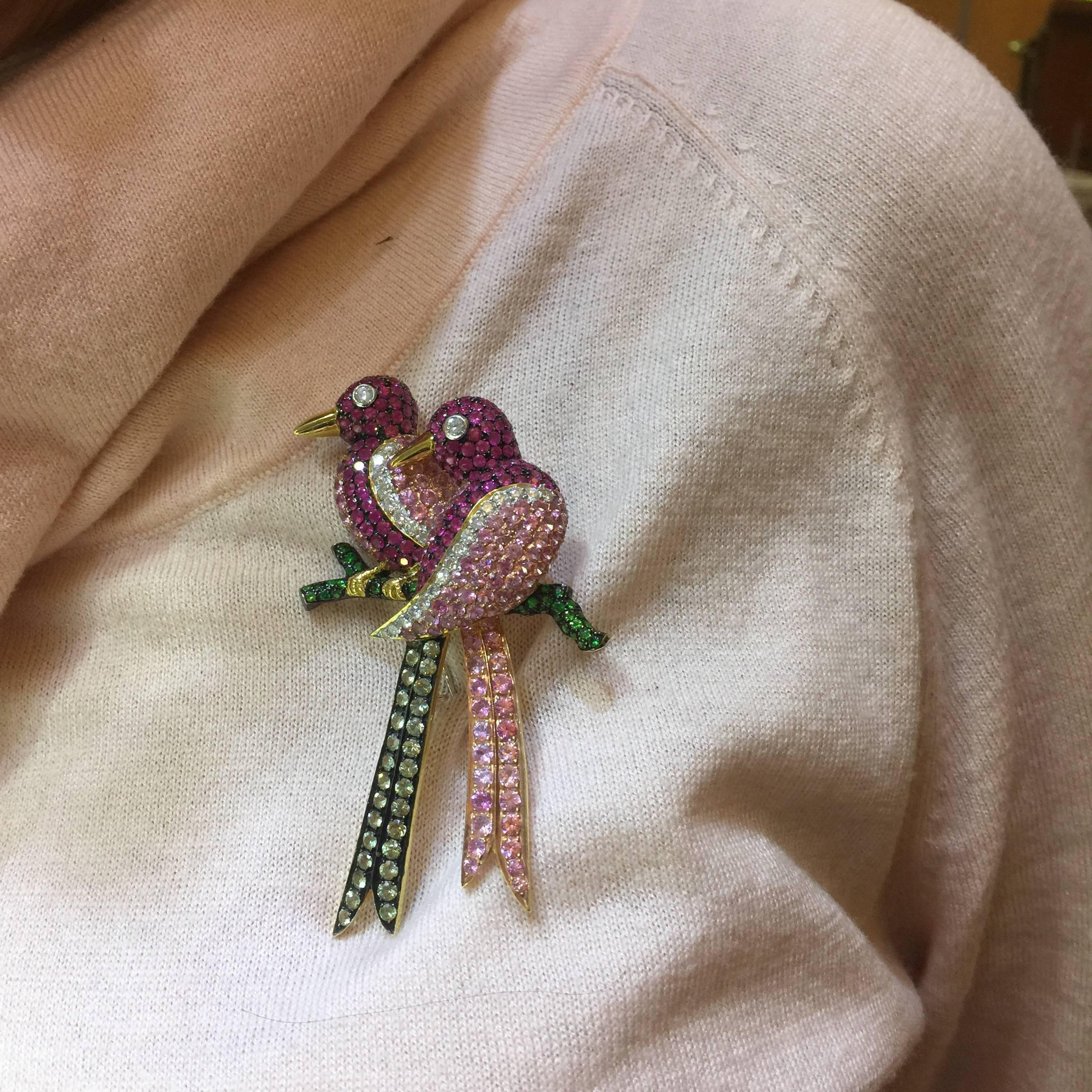 Contemporary Twin Lovebirds Diamonds Pink Sapphires Rubies Tsavorites 18 Karat Gold Brooch