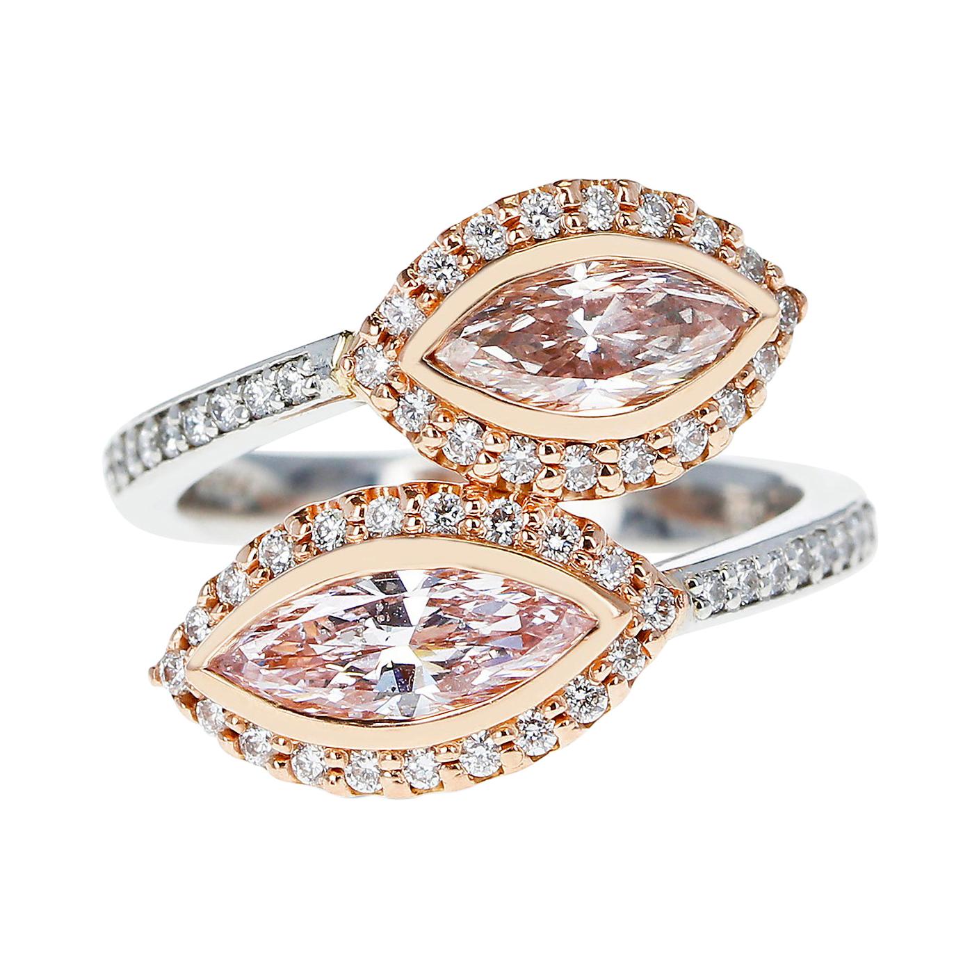 Twin Marquise Pink Diamond Ring Accented with Pink and White Round Diamonds For Sale