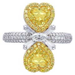 Twin Mirror Heart Canary Yellow Diamond Ring, 2.91 Carat
