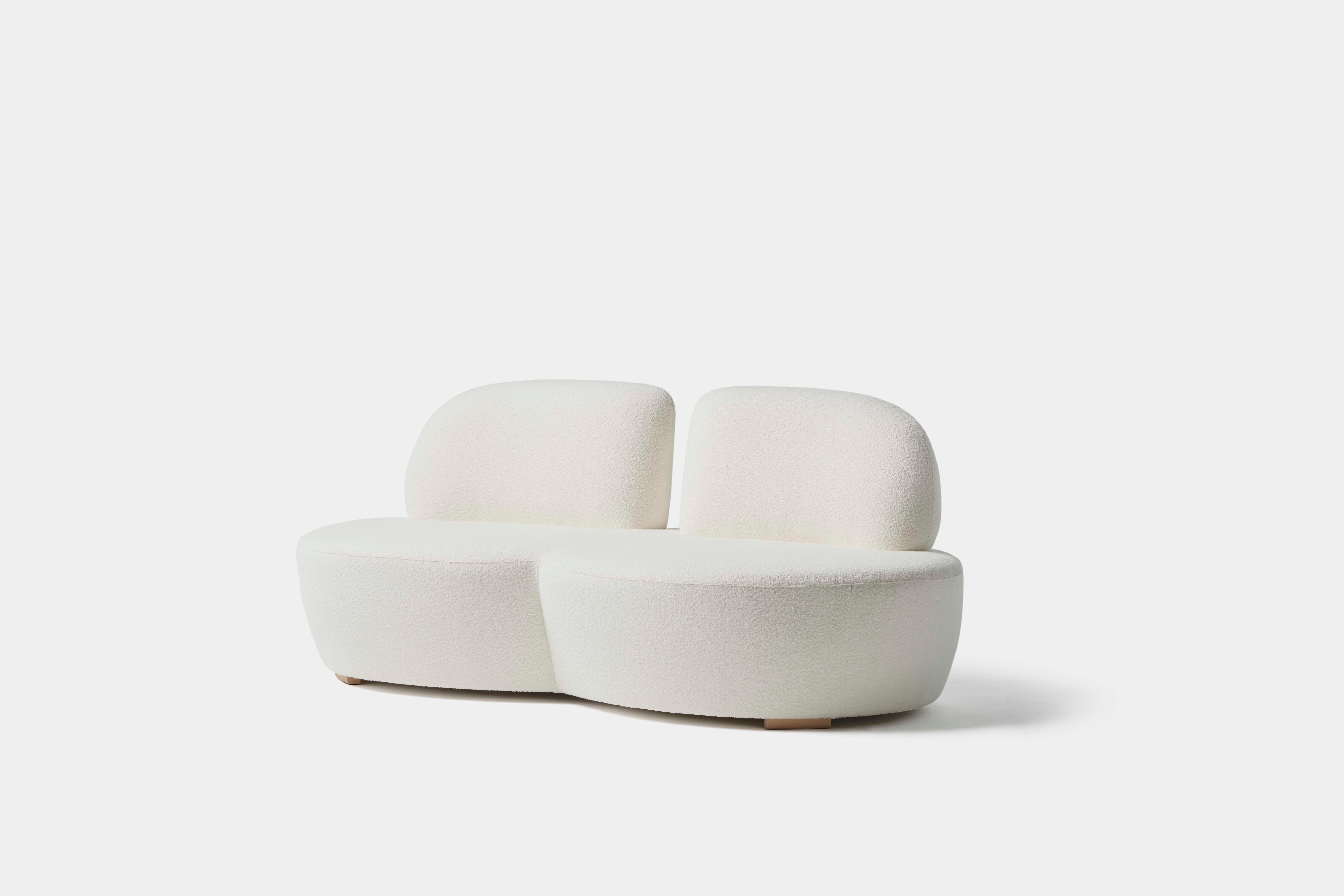 Twin moon sofa by Pepe Albargues
Dimensions: W 194 x D 95 x H 83 x Seat 40
Materials: Pine wood, plywood and tablex structure. Foam CMHR (high resilience and flame retardant) for all our cushion filling systems. Lacquered beech wood