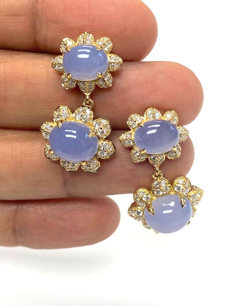 Contemporary Goshwara Twin Oval Cabochon Blue Chalcedony And Diamond Earrings