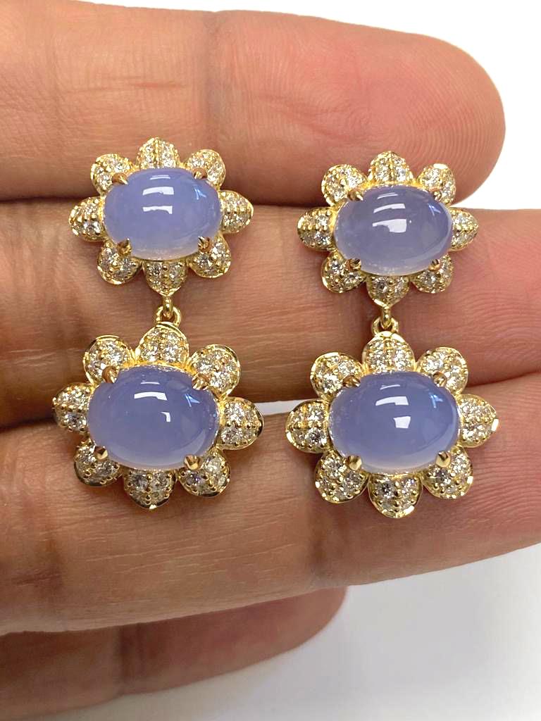Oval Cut Goshwara Twin Oval Cabochon Blue Chalcedony And Diamond Earrings