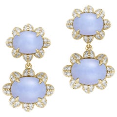 Goshwara Twin Oval Cabochon Blue Chalcedony And Diamond Earrings