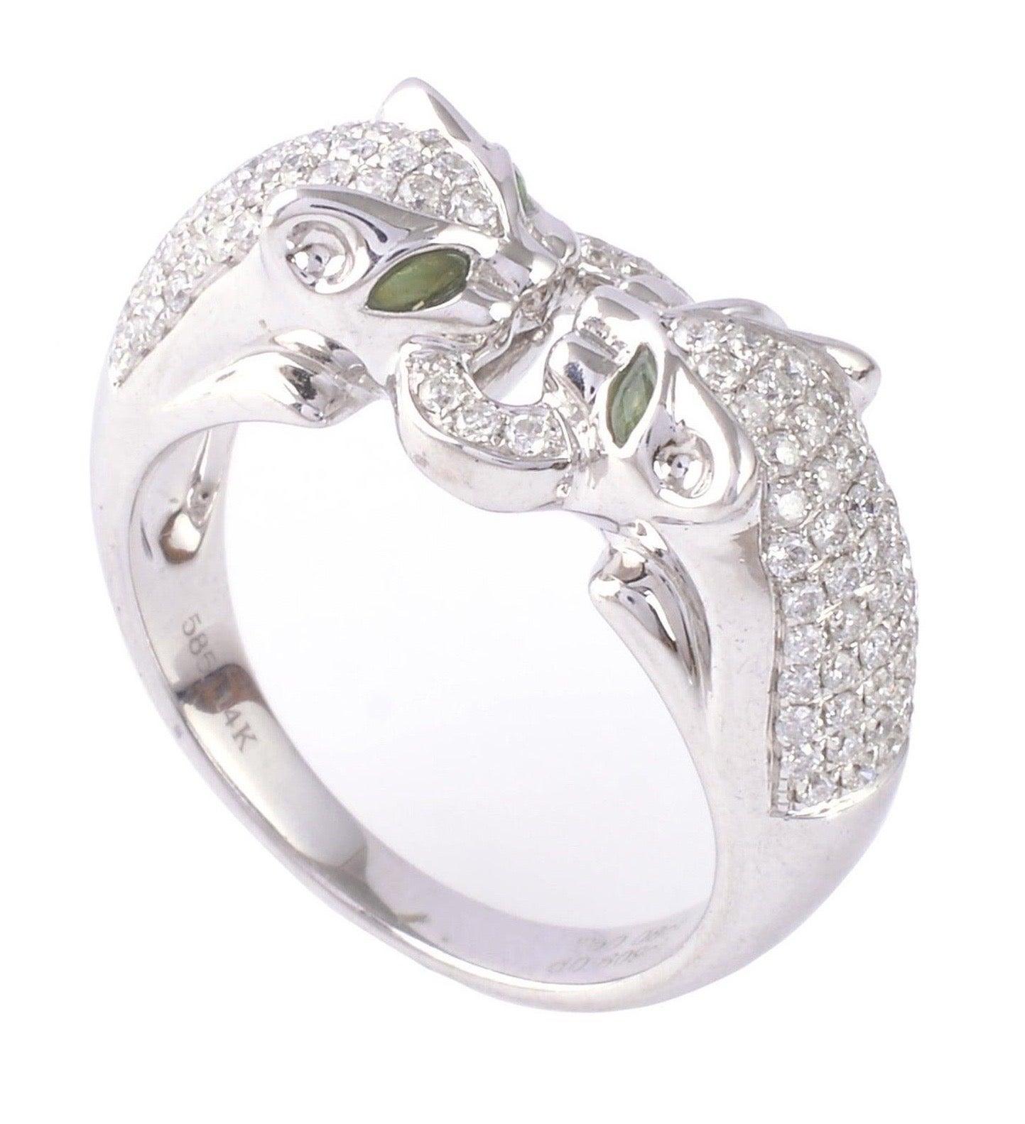 En venta: Anillo Pantera Gemela Oro de 14 Kilates Diamante Peridoto  2