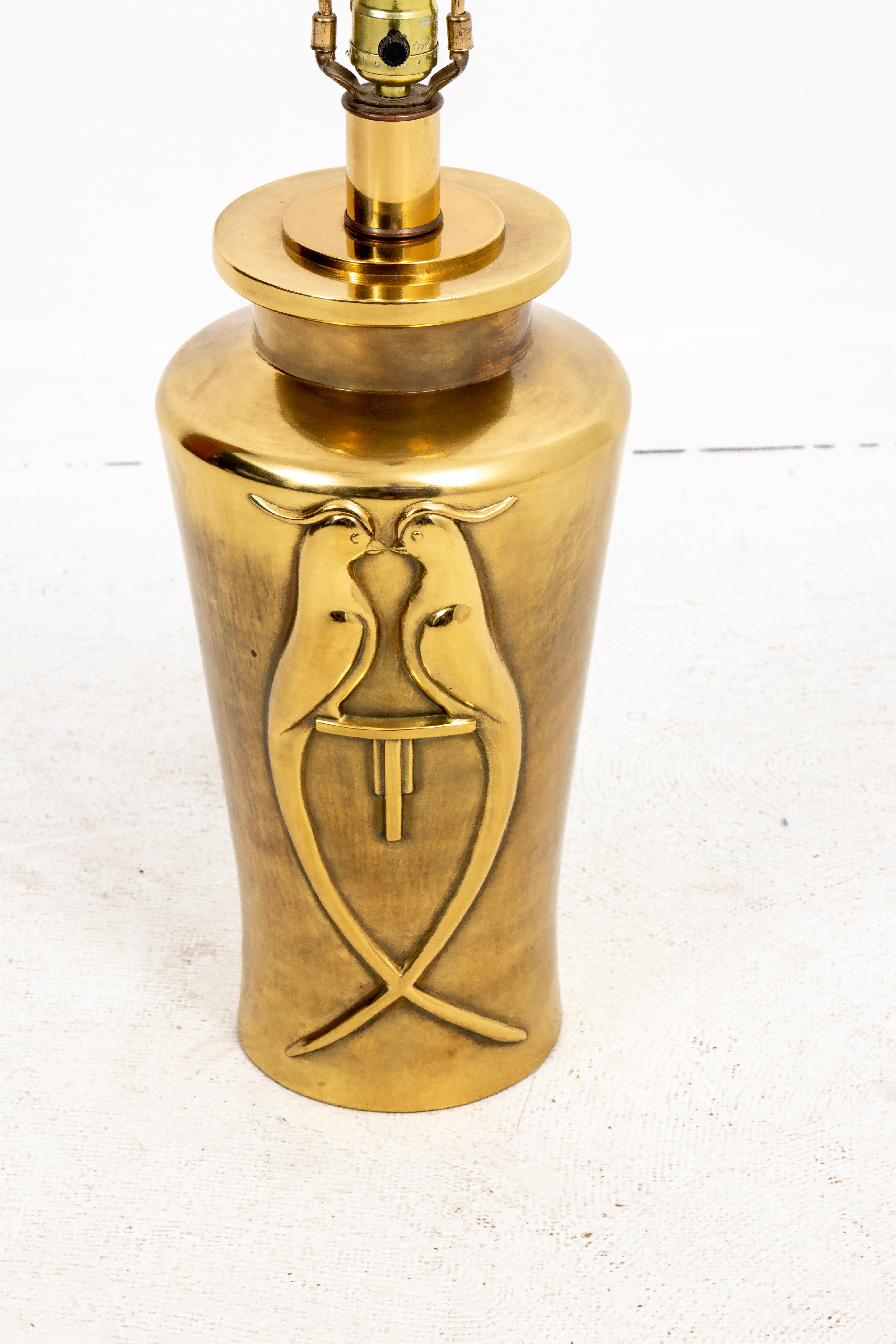 Twin parrots brass table lamp. Very good quality. Some patina on finish. 21