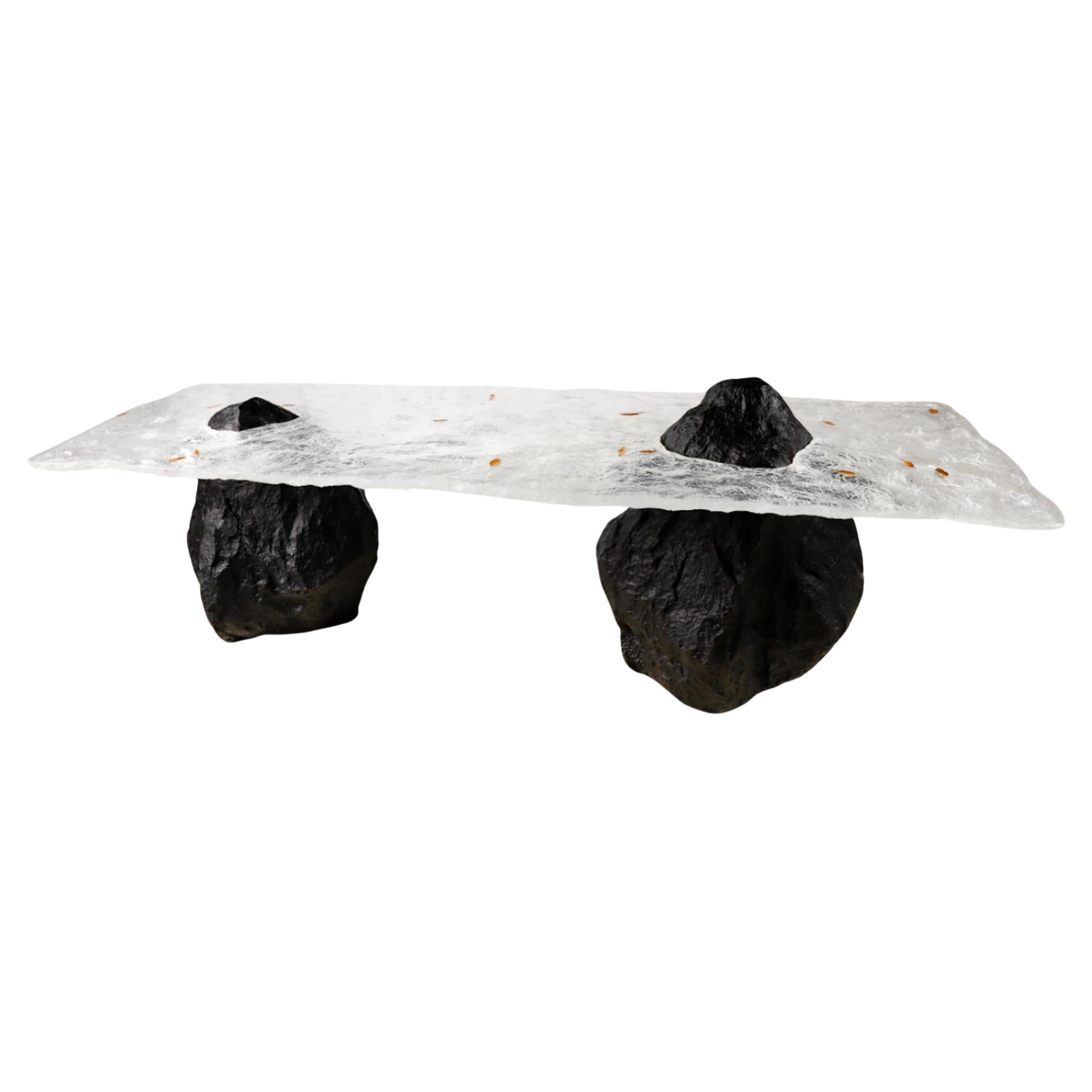 Twin Peaks Table with Crystal Tabletop and FRP Stone-shaped Black Legs by Gordon For Sale