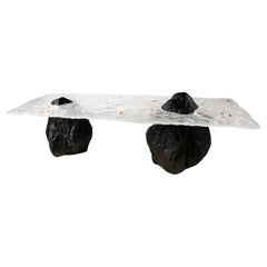 Twin Peaks Table with Crystal Tabletop and FRP Stone-shaped Black Legs by Gordon