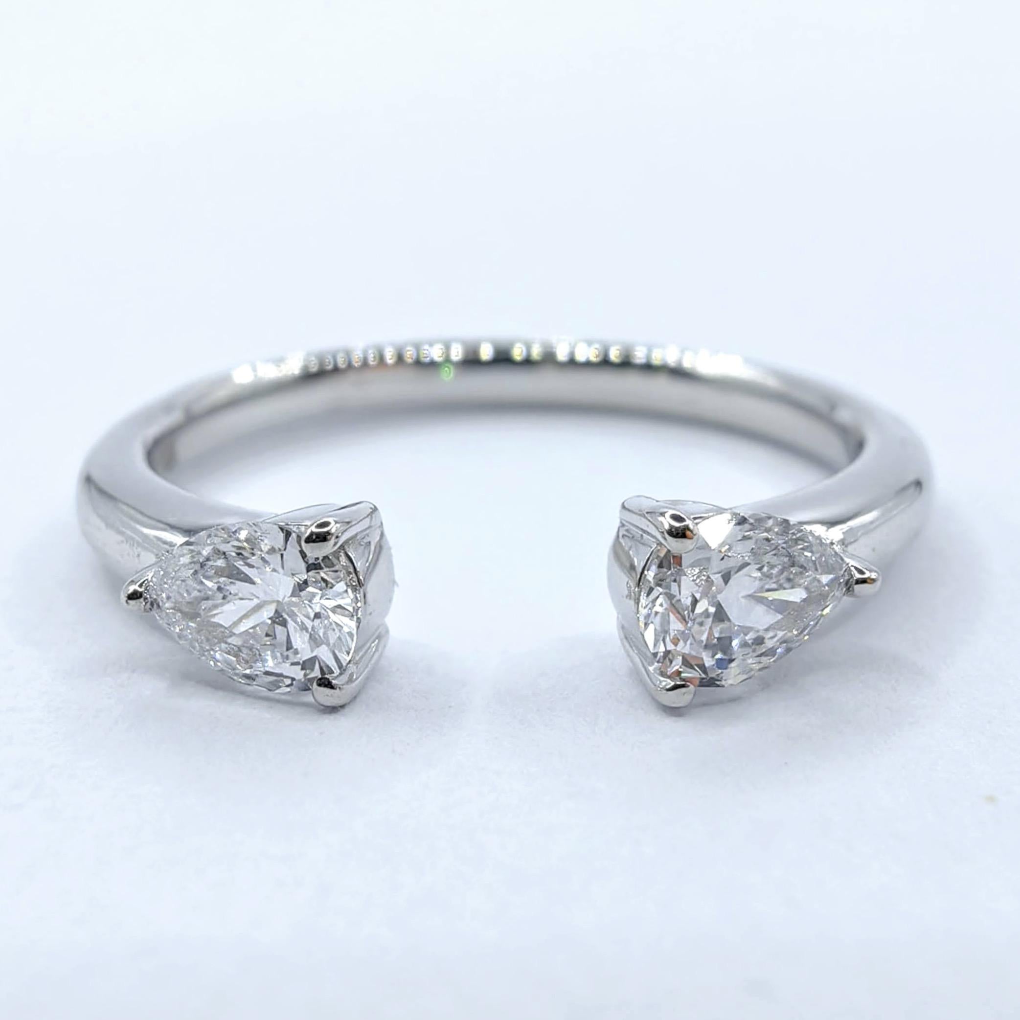 For Sale:  Twin Pear Cut Diamonds Open Shank Minimalistic Stackable Ring in 18K White Gold 3
