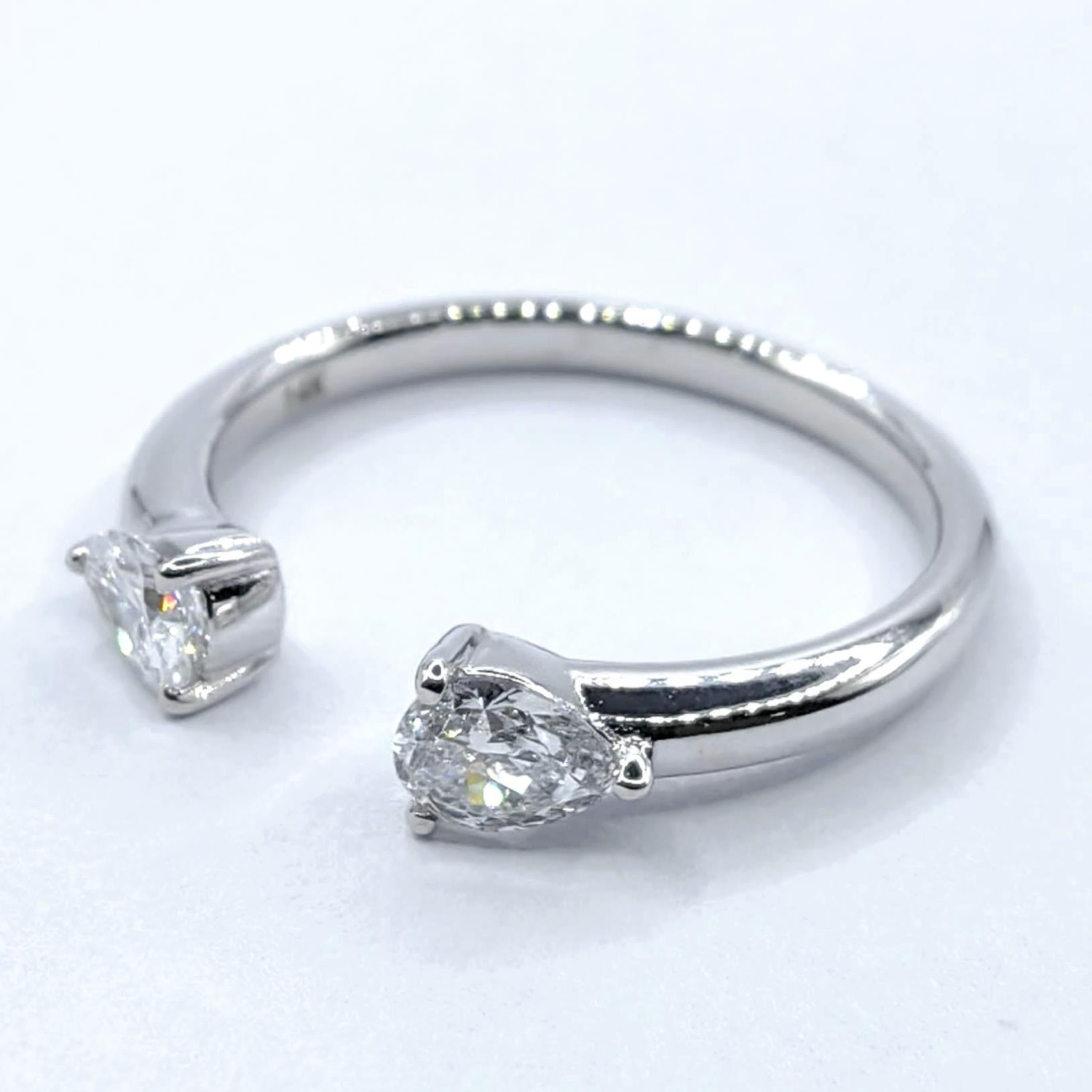 For Sale:  Twin Pear Cut Diamonds Open Shank Minimalistic Stackable Ring in 18K White Gold 4