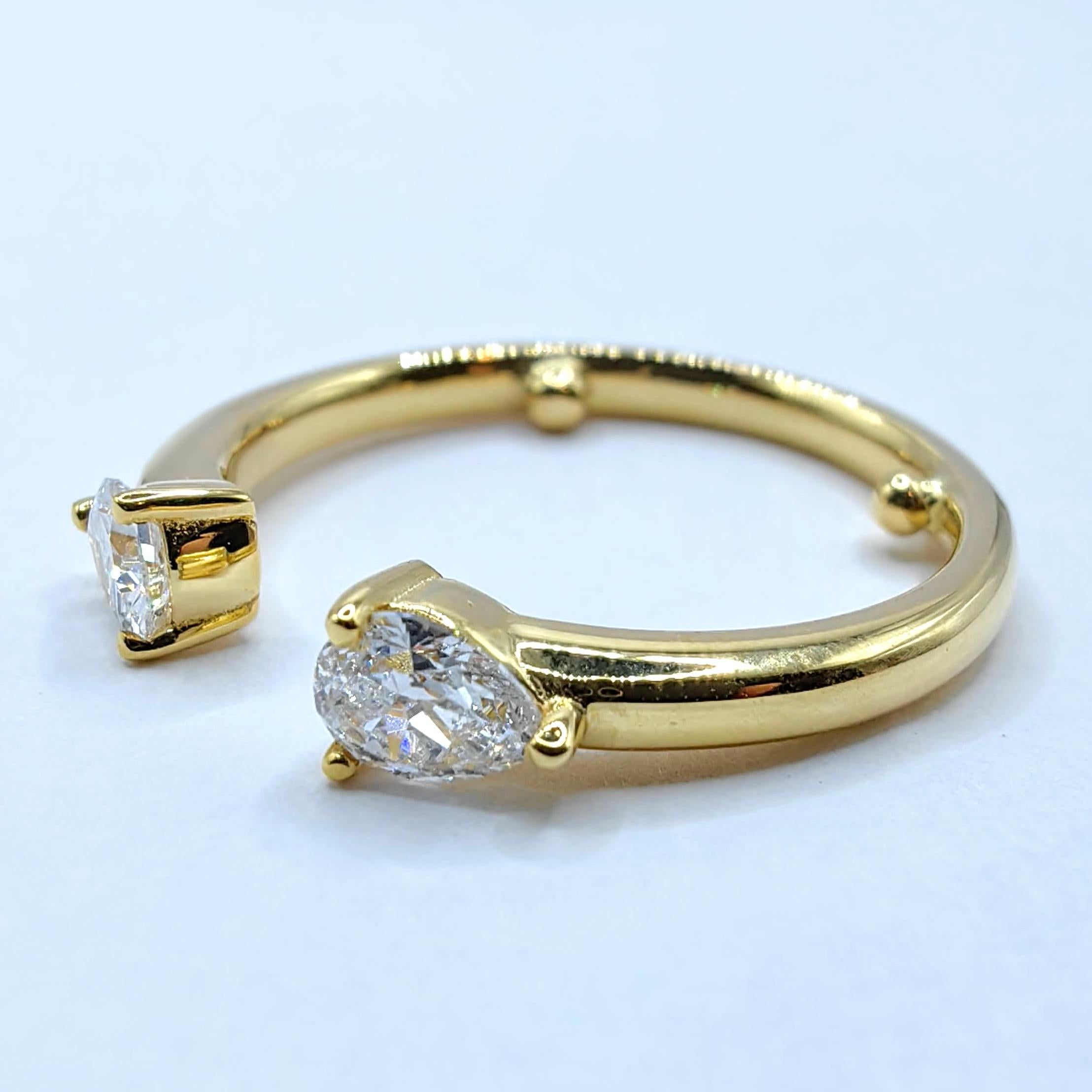 For Sale:  Twin Pear Cut Diamonds Open Shank Minimalistic Stackable Ring in 18K Yellow Gold 3
