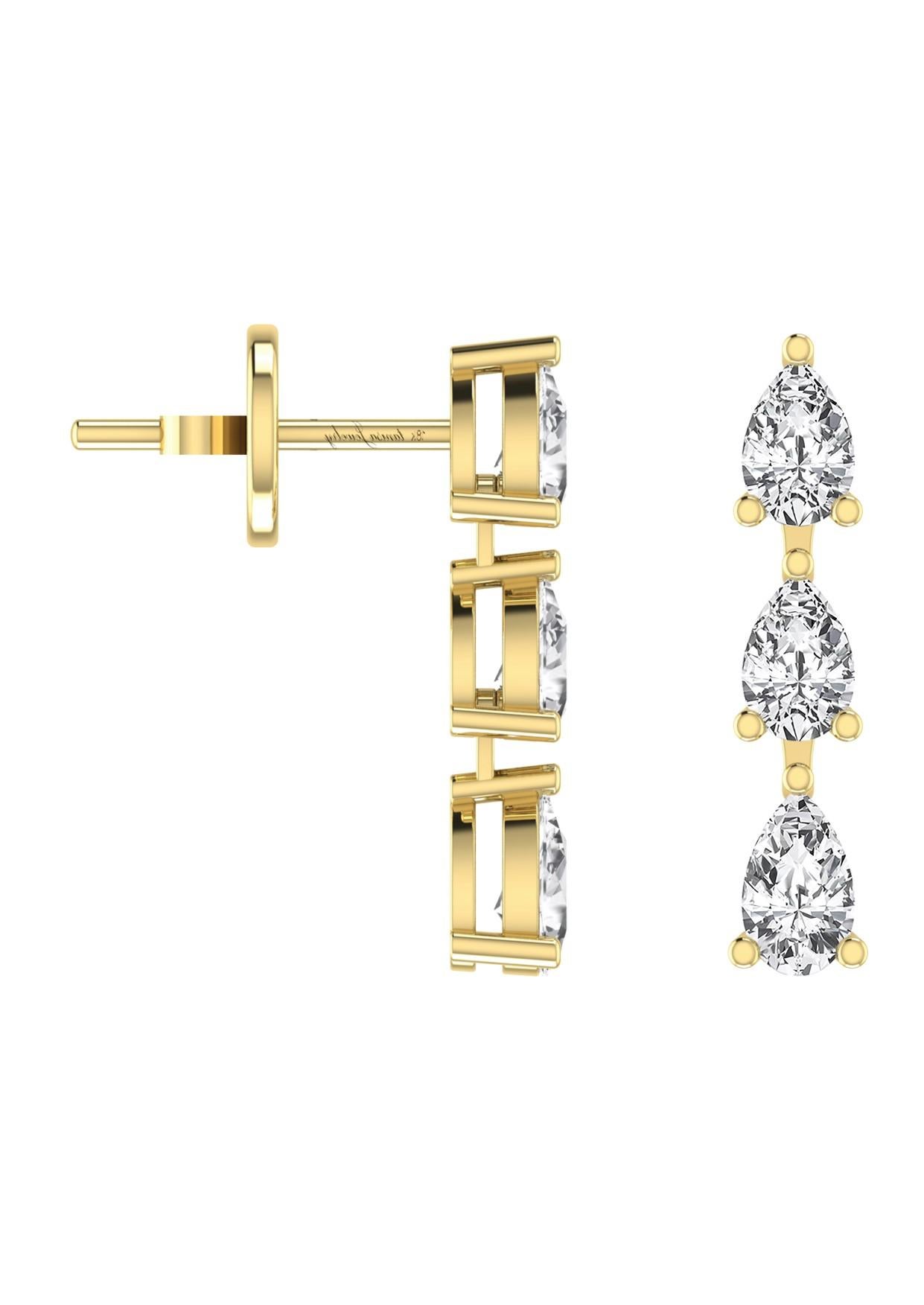 Modern Three Pear Shape Diamond Drop Dangle Earring in 18 Karat Rose Gold. For Sale