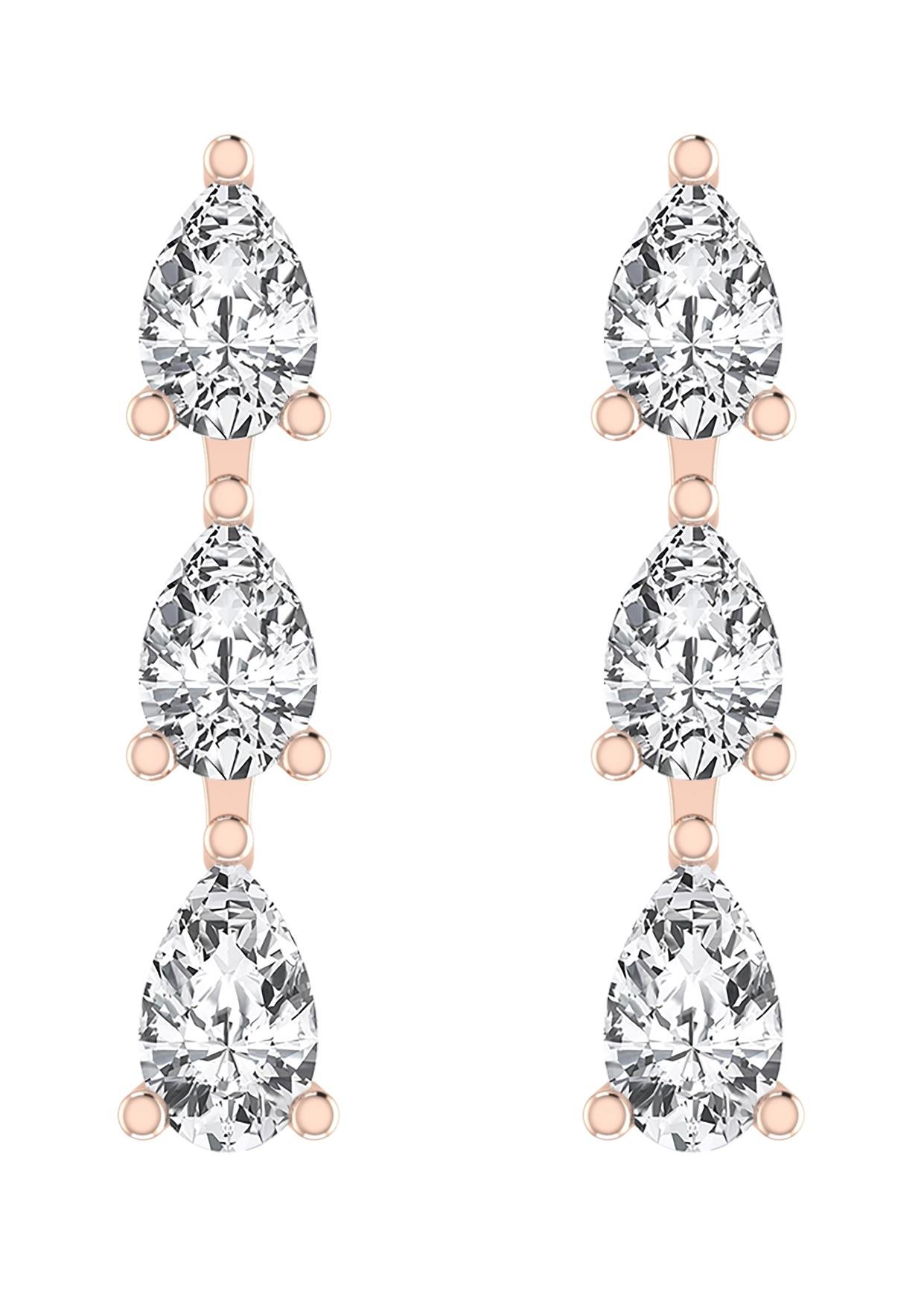 Pear Cut Three Pear Shape Diamond Drop Dangle Earring in 18 Karat Rose Gold. For Sale